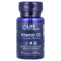 Life Extension, витамин D3, 175 мкг (7000 МЕ), 60 мягких таблеток