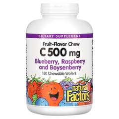 Natural Factors, жевательные таблетки с витамином C, со вкусом фруктов, голубика, малина и бойзенова ягода, 500 мг, 180 жевательных таблеток