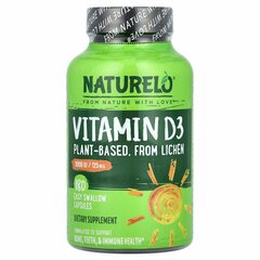 NATURELO, витамин D3, на растительной основе, 125 мкг (5000 МЕ), 180 капсул, которые легко глотать