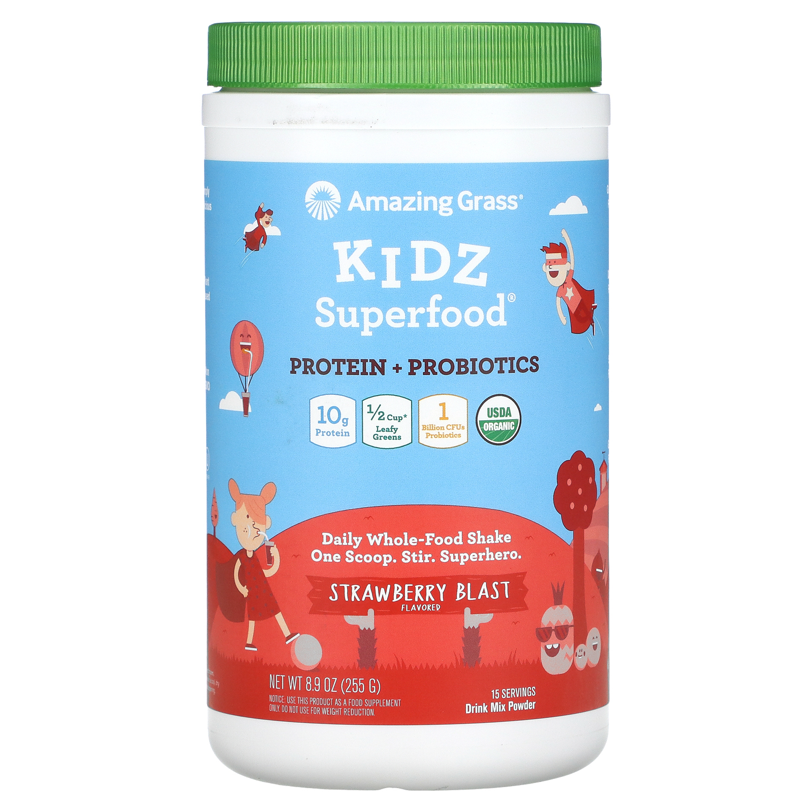 Amazing Grass, Kidz Superfood, протеин и пробиотики, клубничный взрыв, 255 г (8,9 унции)