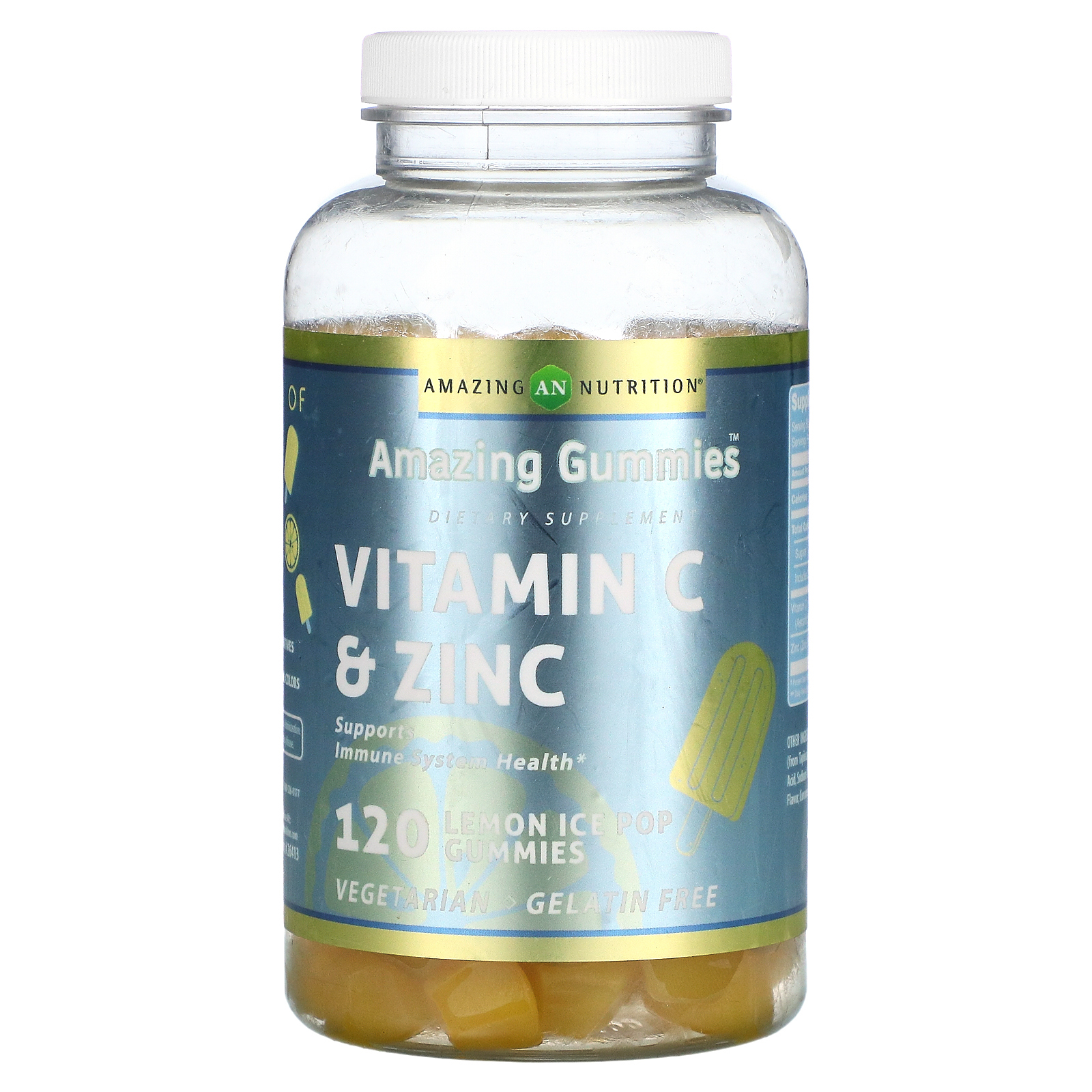 Amazing Nutrition, Amazing Gummies, витамин C и цинк, со вкусом лимонного мороженого, 120 жевательных таблеток