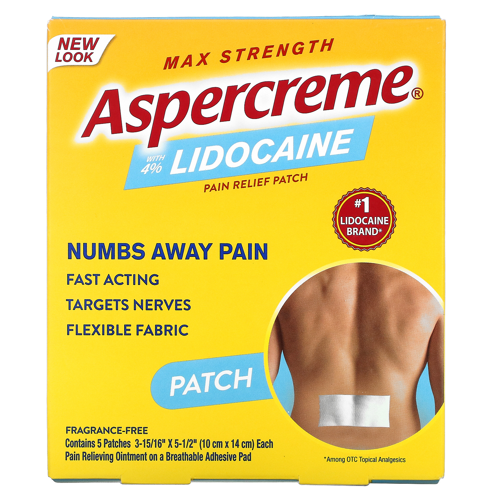 Aspercreme, Обезболивающий пластырь с 4% лидокаином, максимальная сила, без отдушек, 5 пластырей (10 см x 14 см) каждый