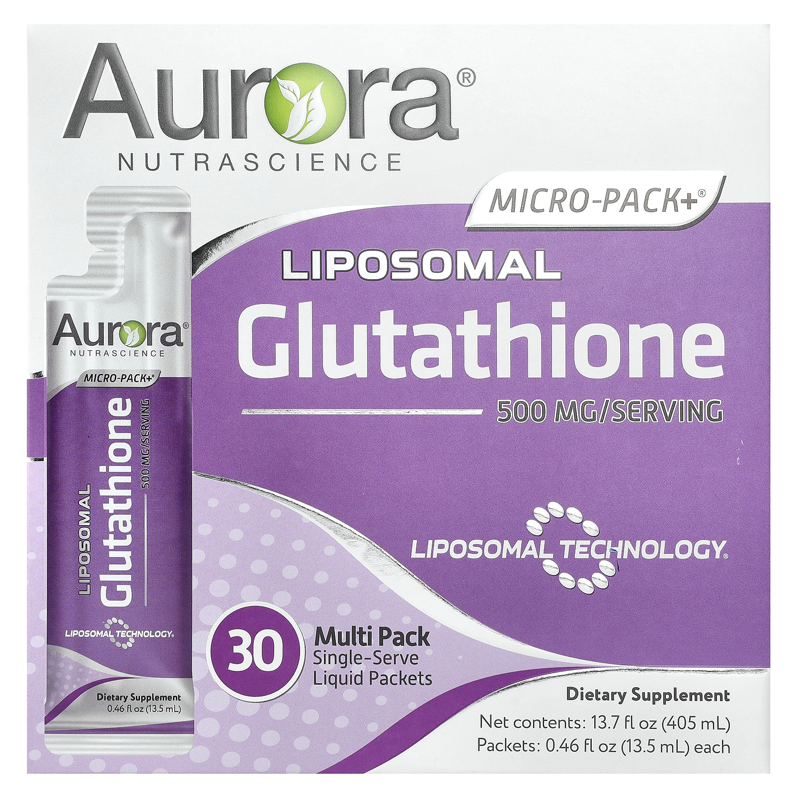 Aurora Nutrascience, Micro-Pack+, липосомальный глутатион, 500 мг, 30 порционных пакетиков по 13,5 мл (0,46 жидк. унции)