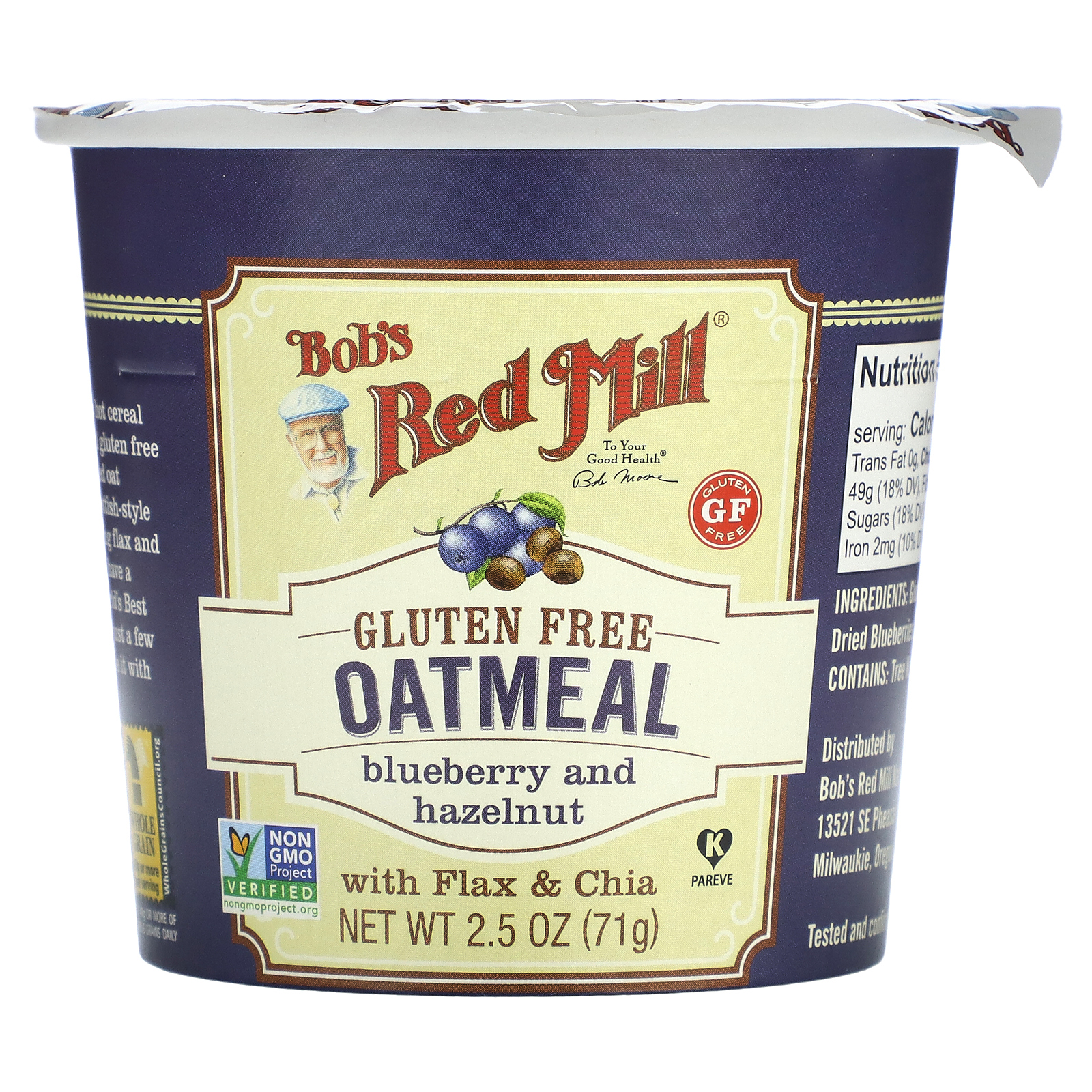 Bob's Red Mill, овсянка в стакане, голубика и фундук, 71 г (2,5 унции)