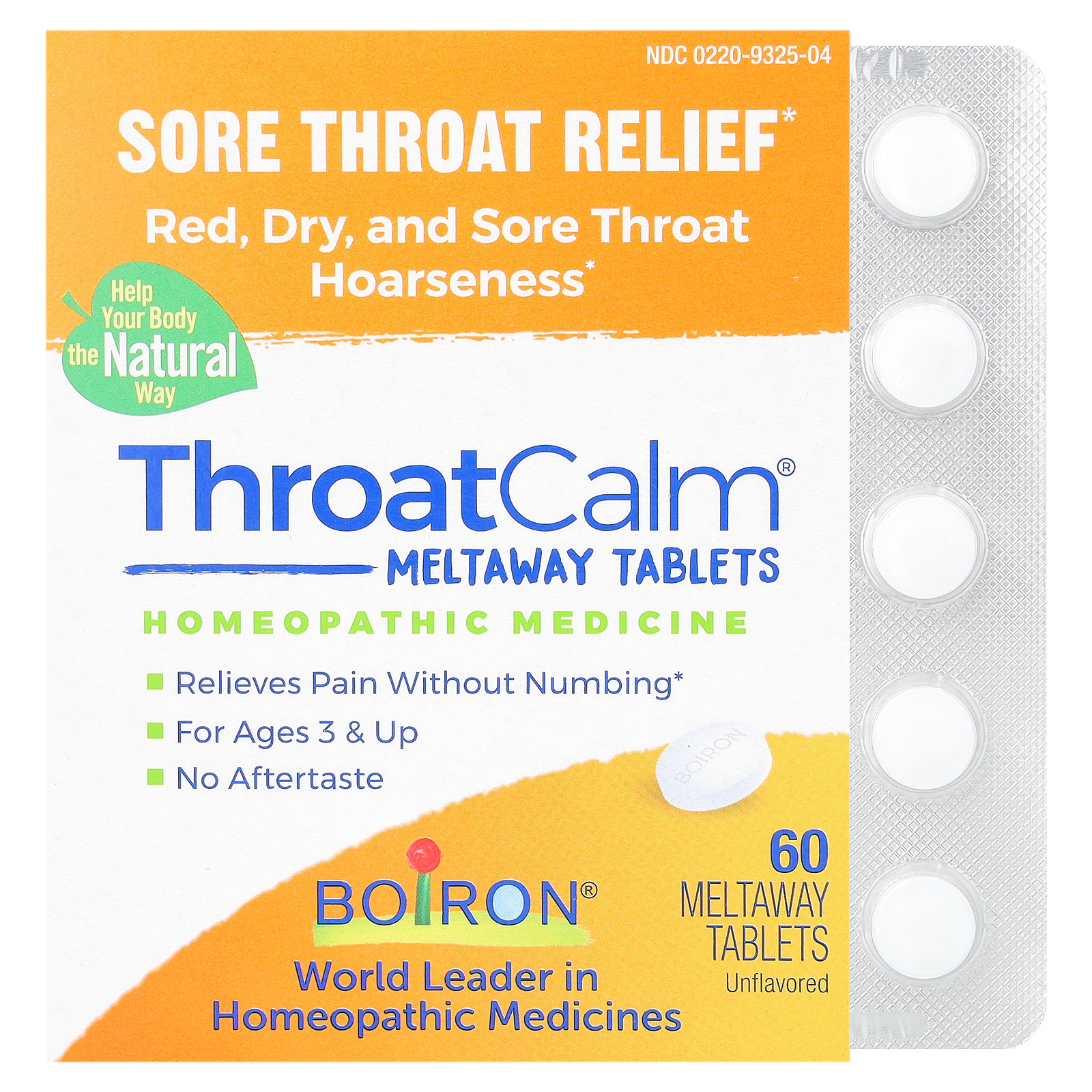 Boiron, ThroatCalm, средство от боли в горле, для детей от 3 лет, без ароматизаторов, 60 таблеток Meltaway