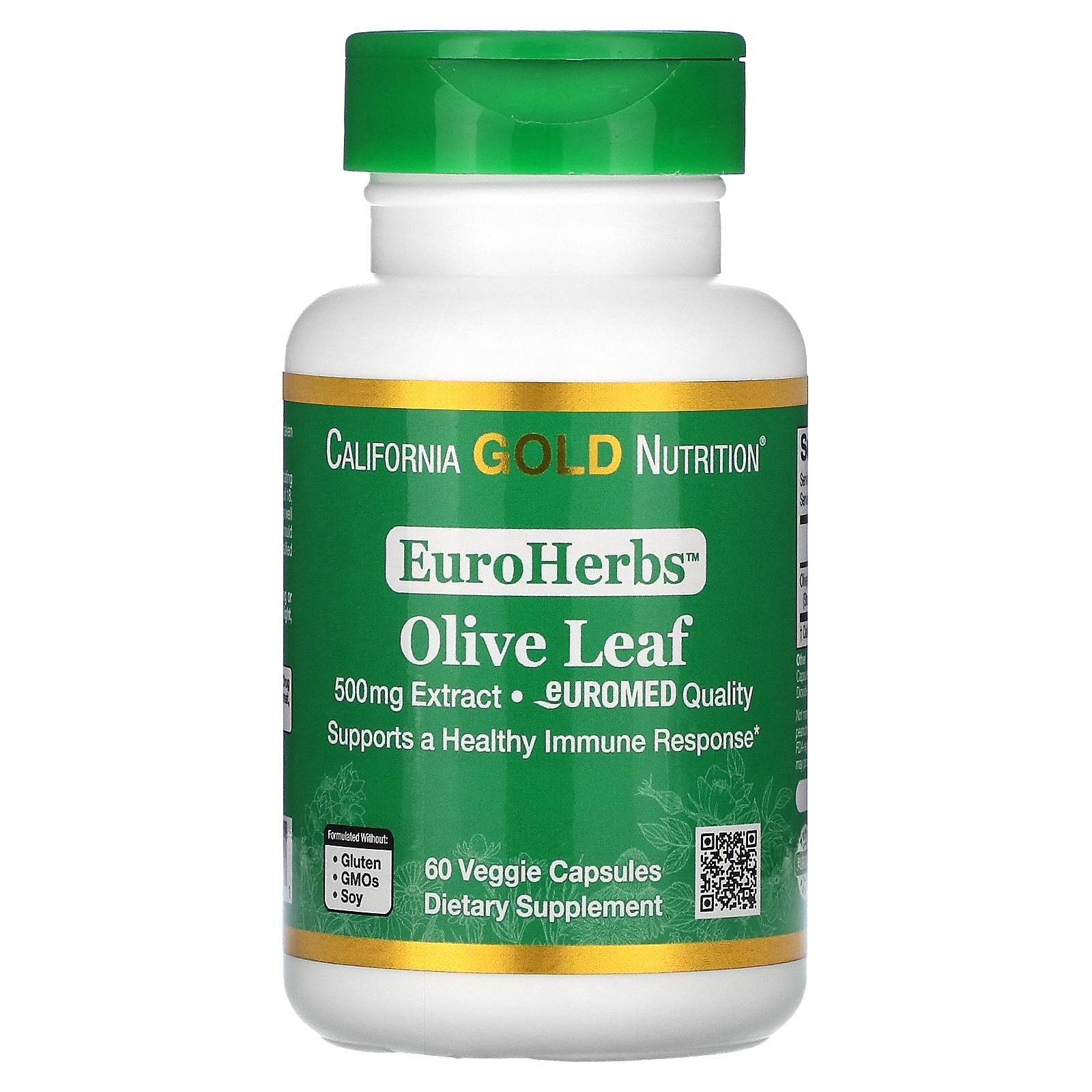 California Gold Nutrition, Экстракт листьев оливкового дерева, EuroHerbs, европейское качество, 500 мг, 60 растительных капсул