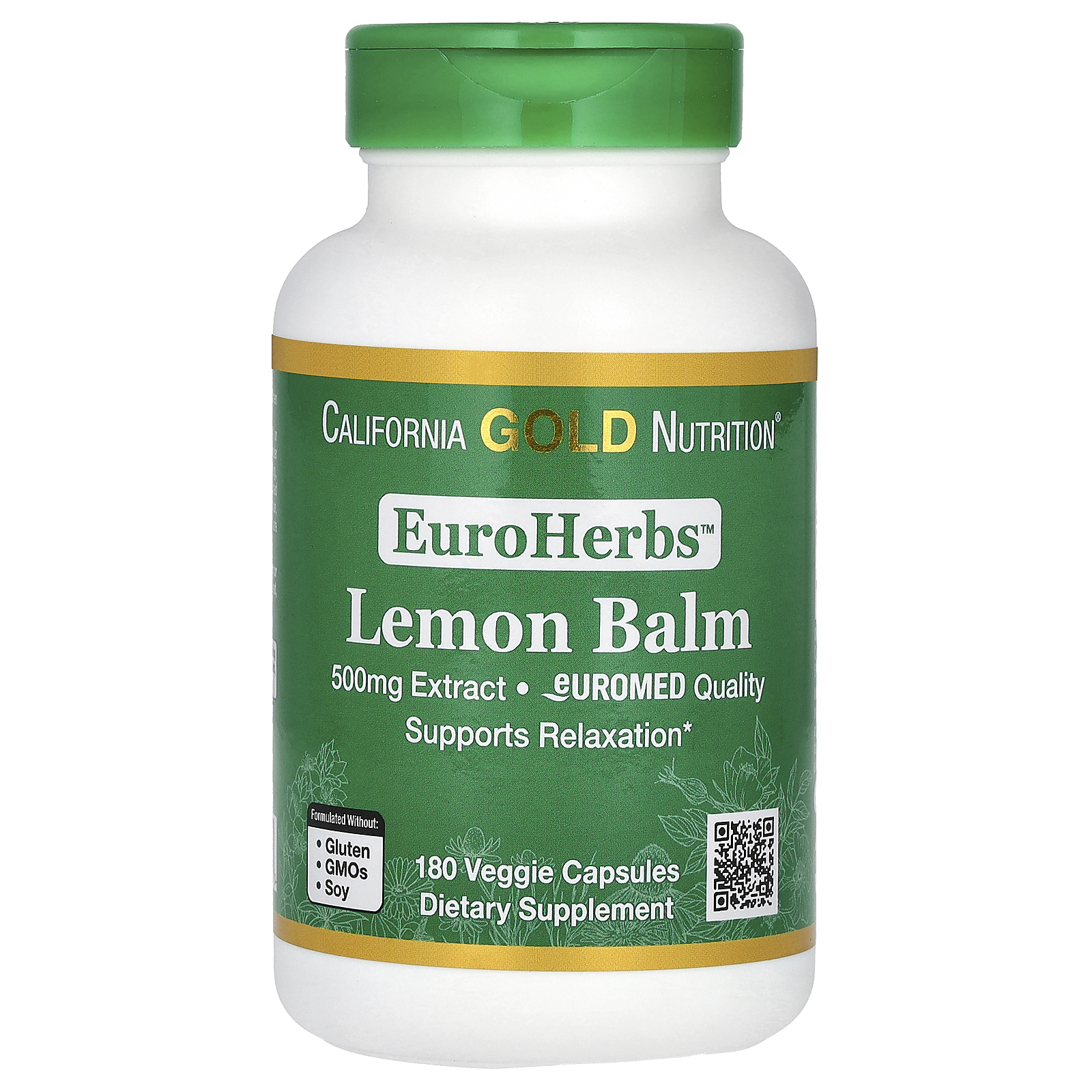 California Gold Nutrition, EuroHerbs, экстракт мелиссы лекарственной, европейское качество, 500 мг, 180 вегетарианских капсул