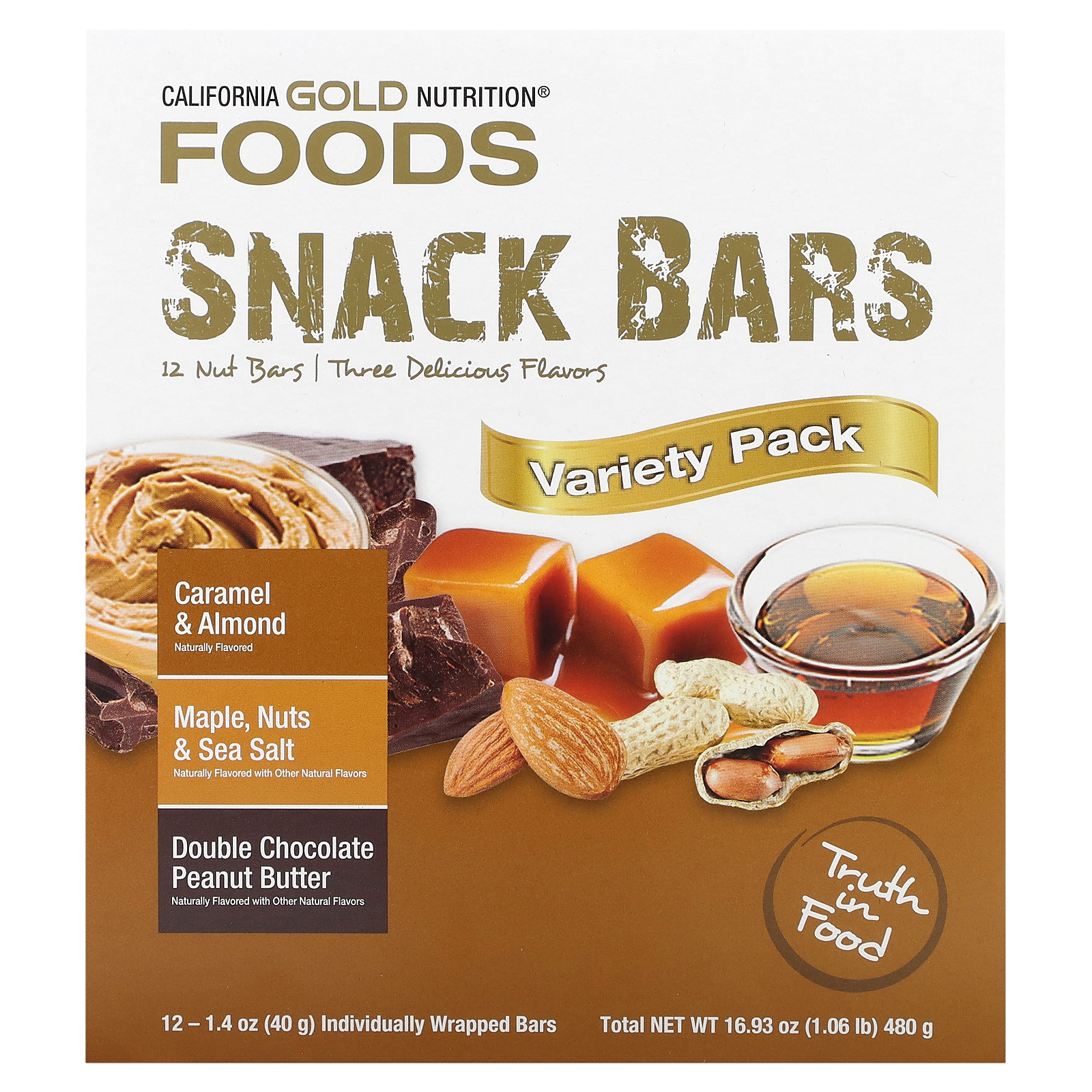 California Gold Nutrition, FOODS, батончики-снеки, ассорти вкусов (кленовый сироп, карамель, арахисовая паста), 12 батончиков по 40 г (1,4 унции)