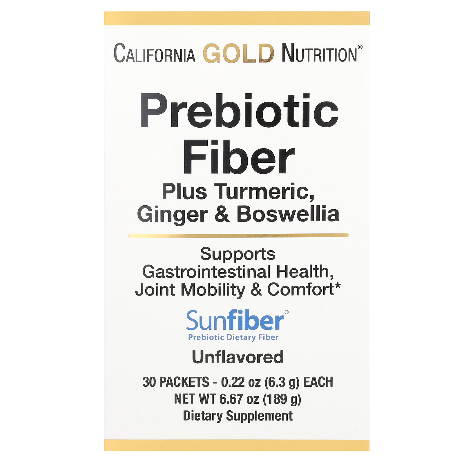 California Gold Nutrition, пребиотическая клетчатка с куркумой, имбирем и босвеллией, 30 пакетиков по 6,3 г (0,22 унции) каждый
