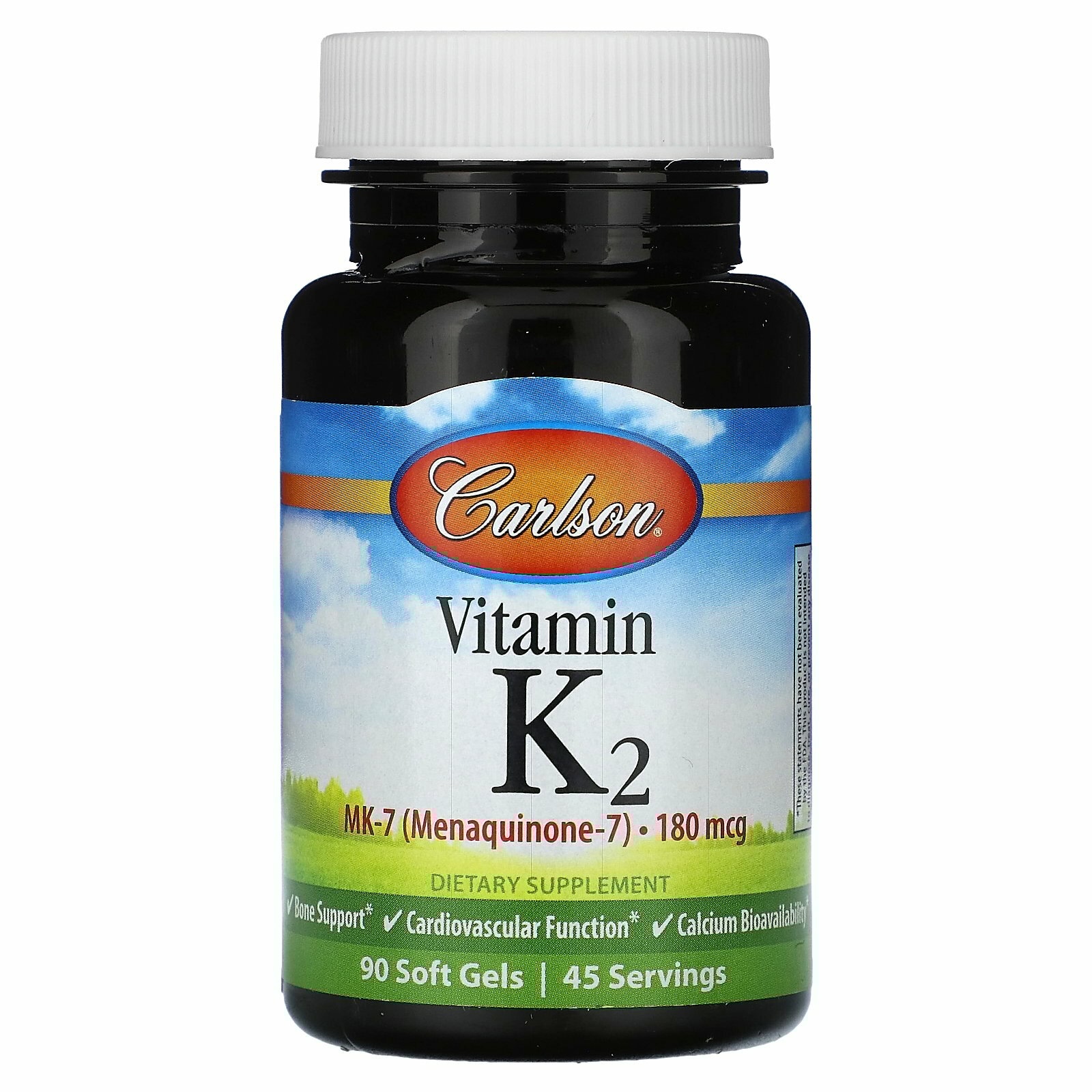 Carlson, витамин K2, 180 мкг, 90 капсул (90 мкг в 1 капсуле)