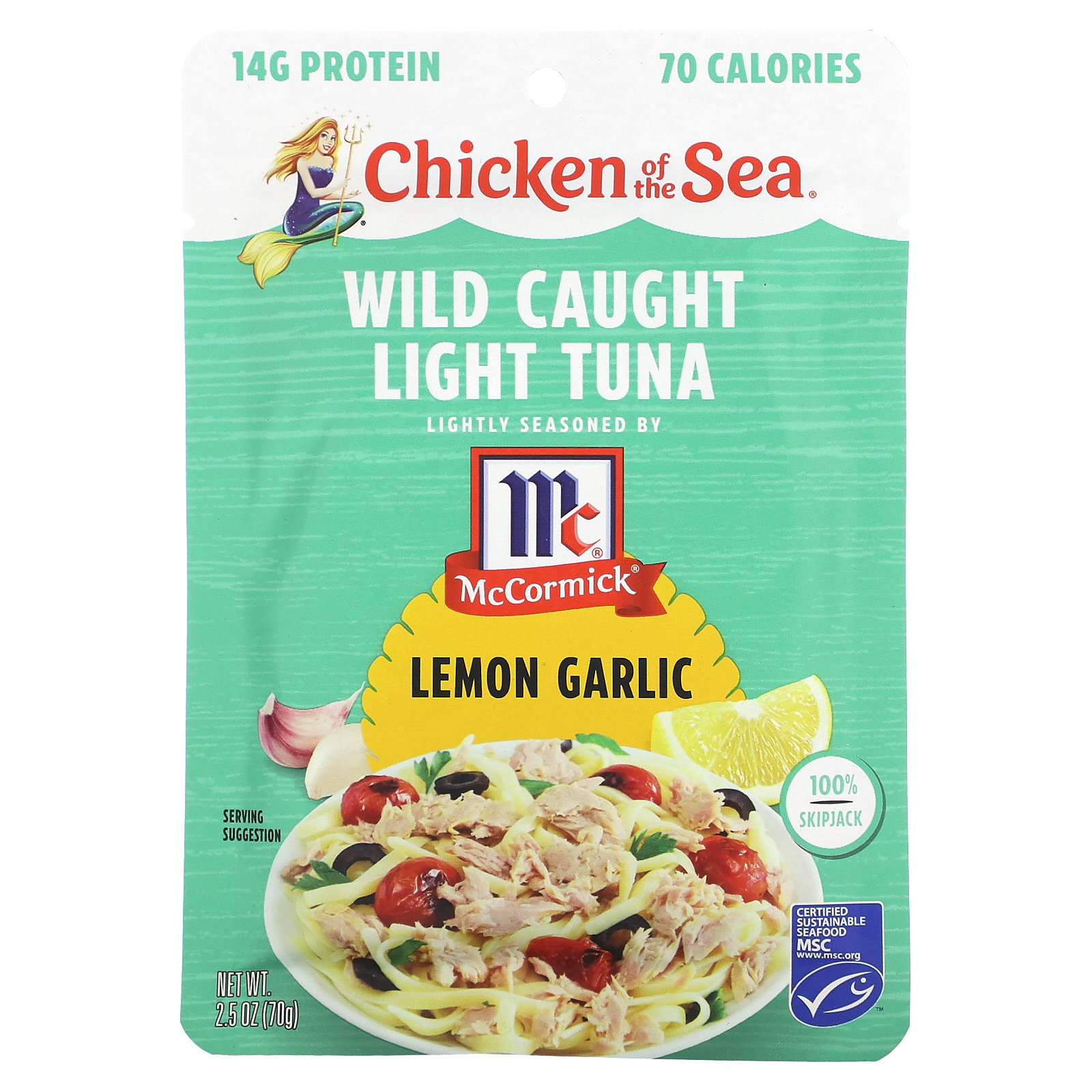 Chicken of the Sea, Дикий светлый тунец, лимон и чеснок, 70 г (2,5 унции)