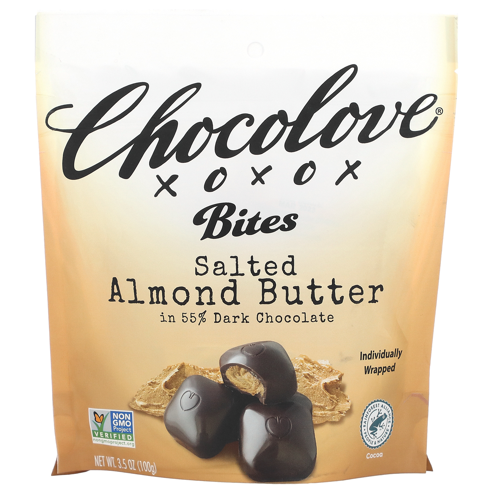 Chocolove, Bites, соленое миндальное масло в 55% темном шоколаде, 100 г (3,5 унции)