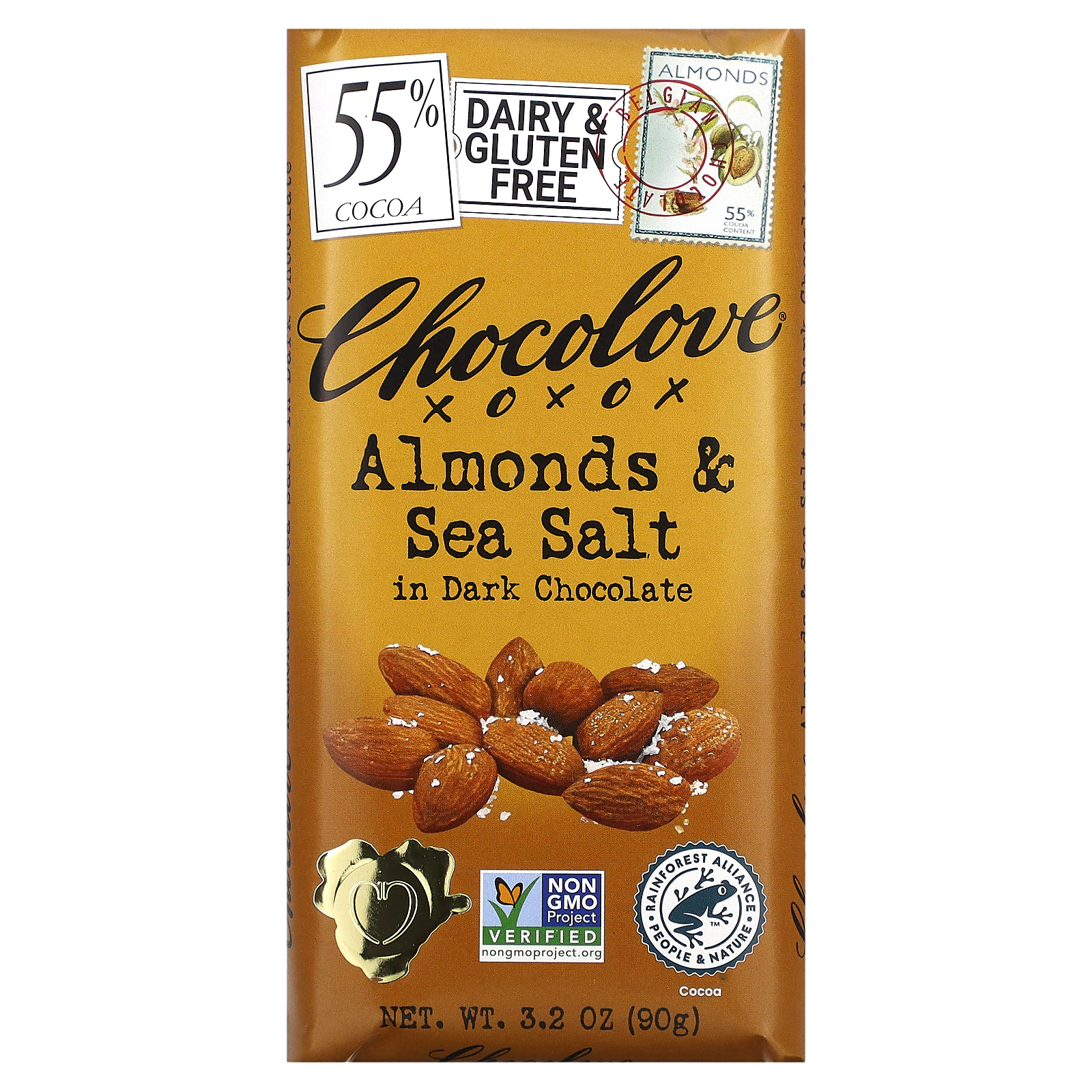 Chocolove, черный шоколад с миндалем и морской солью, 55% какао, 90 г (3,2 унции)