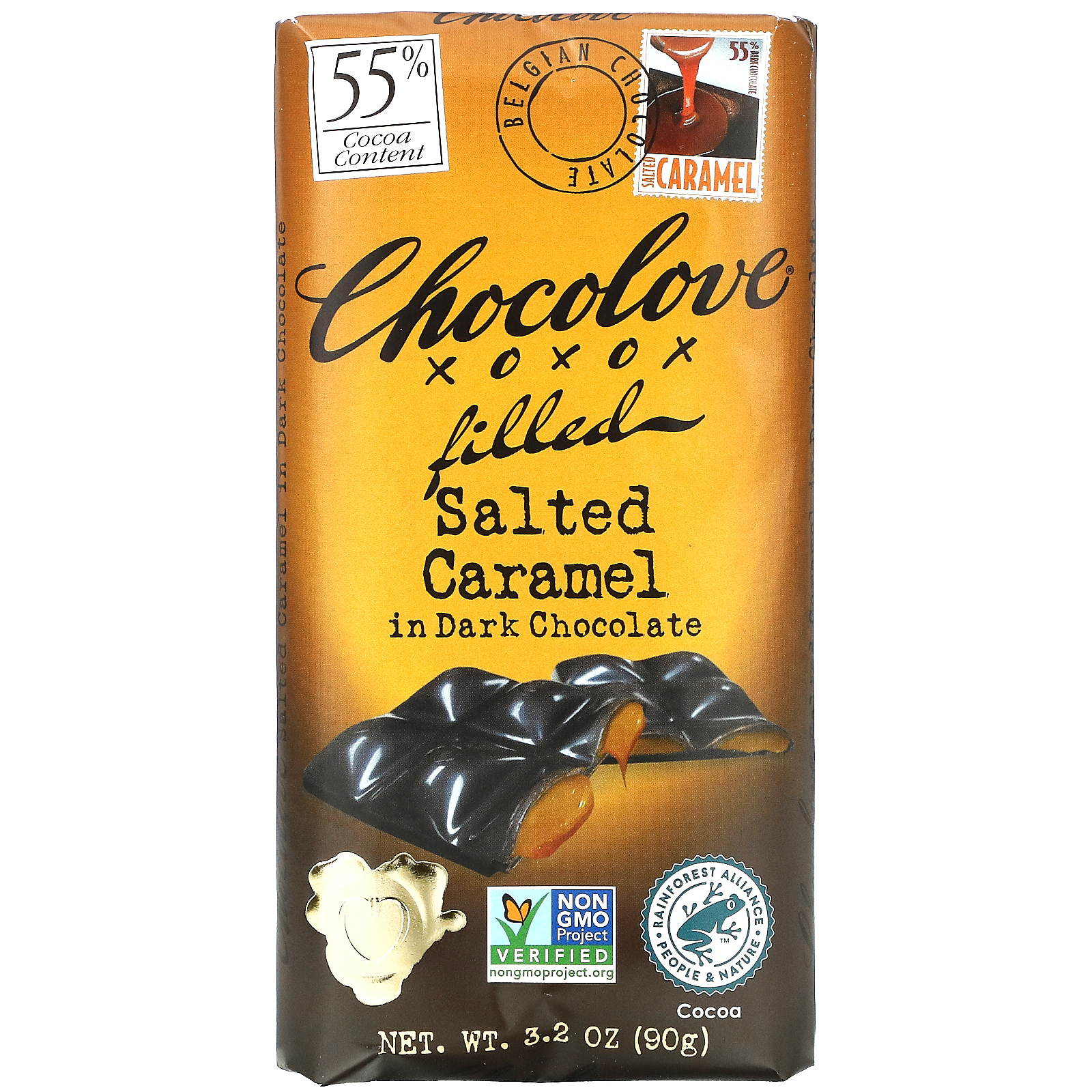 Chocolove, Соленая карамель с шоколадной начинкой в темном шоколаде, 55% какао, 90 г (3,2 унции)