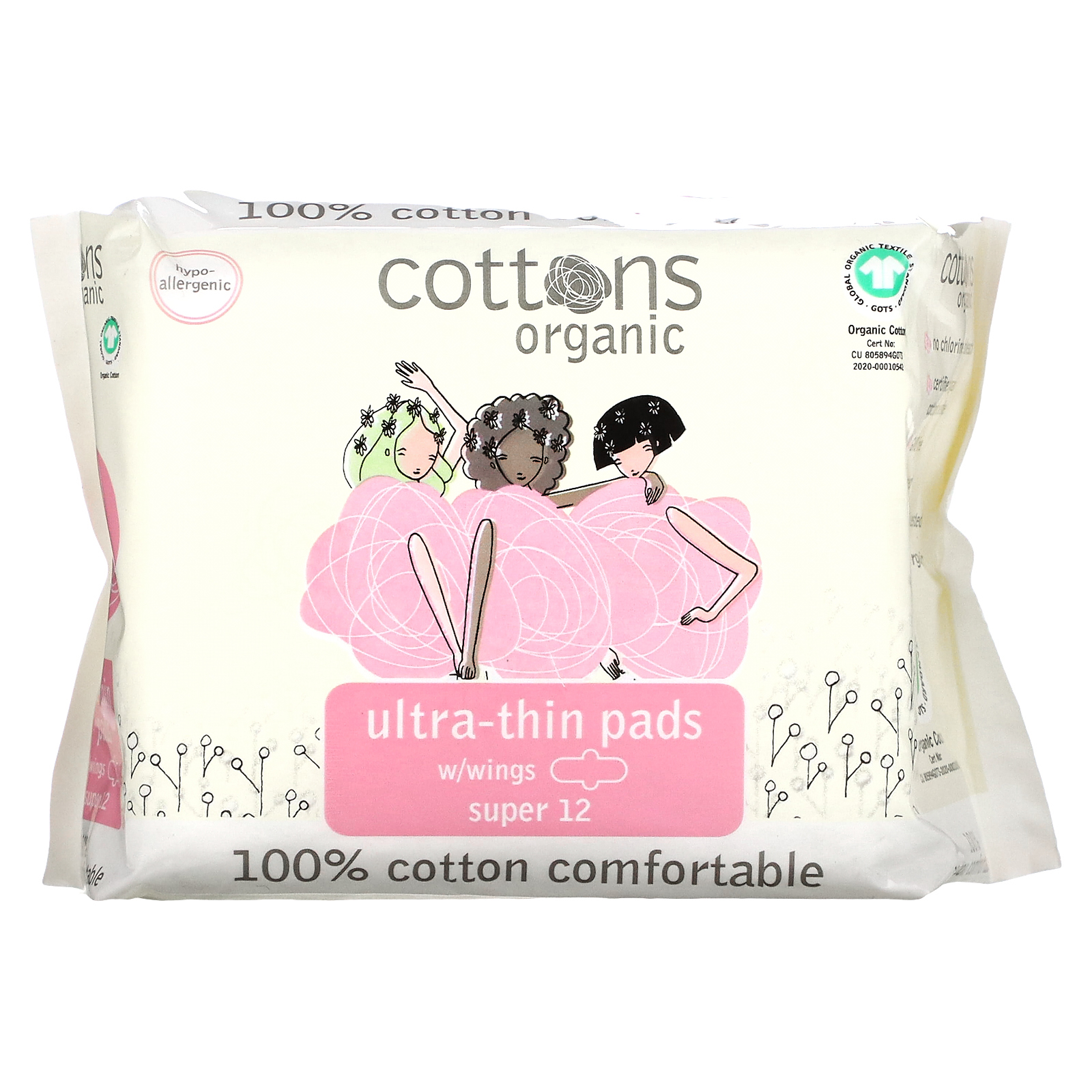 Cottons, Ультратонкие прокладки с крылышками, покрывающий слой из 100% чистого хлопка, Super, 12 штук
