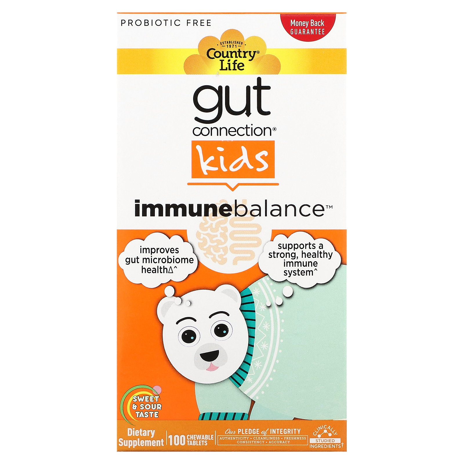 Country Life, Gut Connection, Immune Balance, для детей, средство для укрепления иммунитета, кисло-сладкий вкус, 100 жевательных таблеток