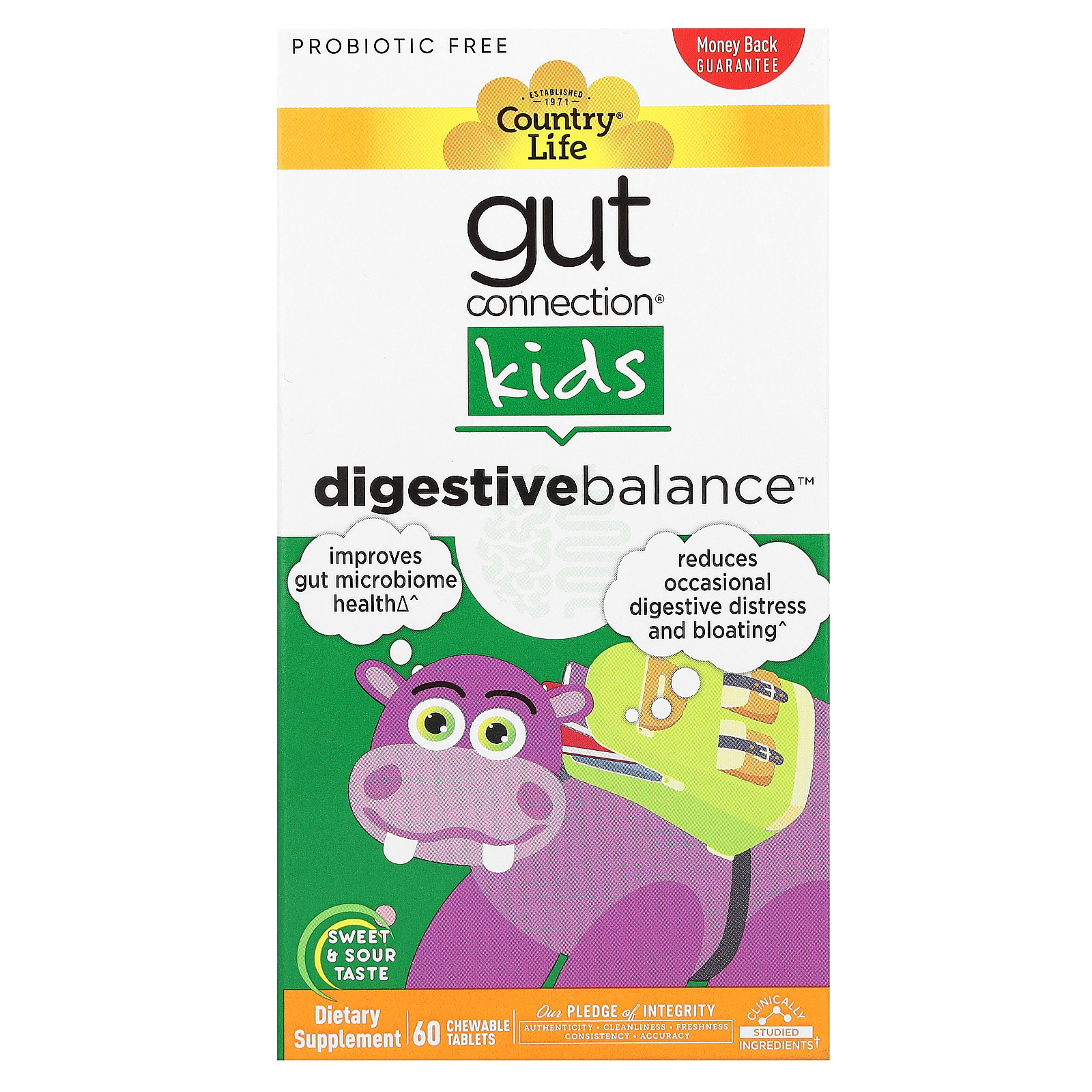 Country Life, Gut Connection Kids, когнитивный баланс, кисло-сладкий вкус, 60 жевательных таблеток