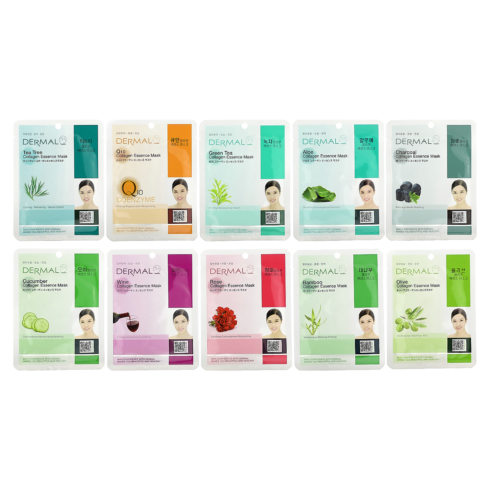 Dermal, Collagen Essence, маски с коллагеном, успокаивающие, ассорти, 10 шт. по 23 г (0,81 унции)