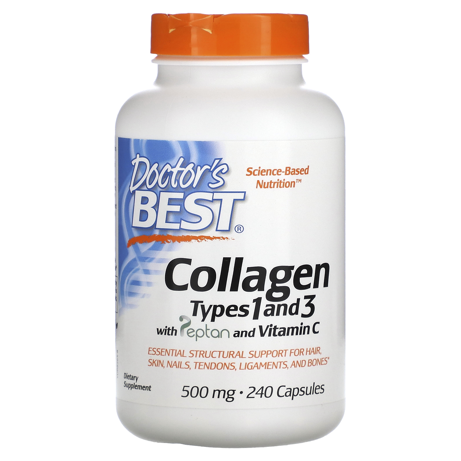 Doctor's Best, коллаген 1 и 3 типов с Peptan и витамином C, 500 мг, 240 капсул (125 мг в 1 капсуле)