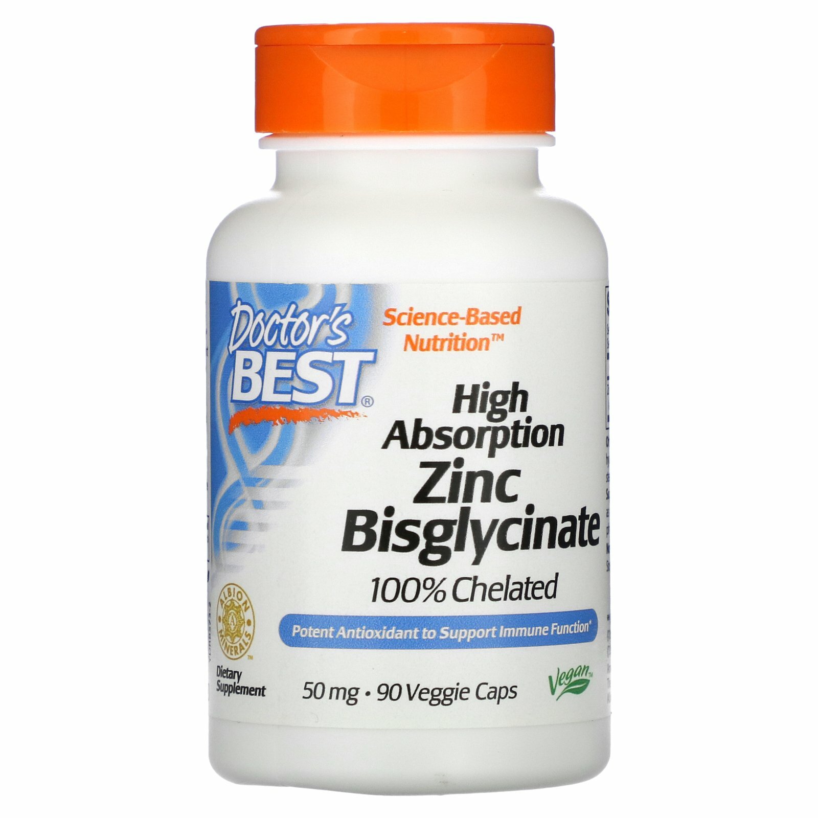 Doctor's Best, легкоусвояемый бисглицинат цинка, на 100% в хелатной форме, 50 мг, 90 вегетарианских капсул