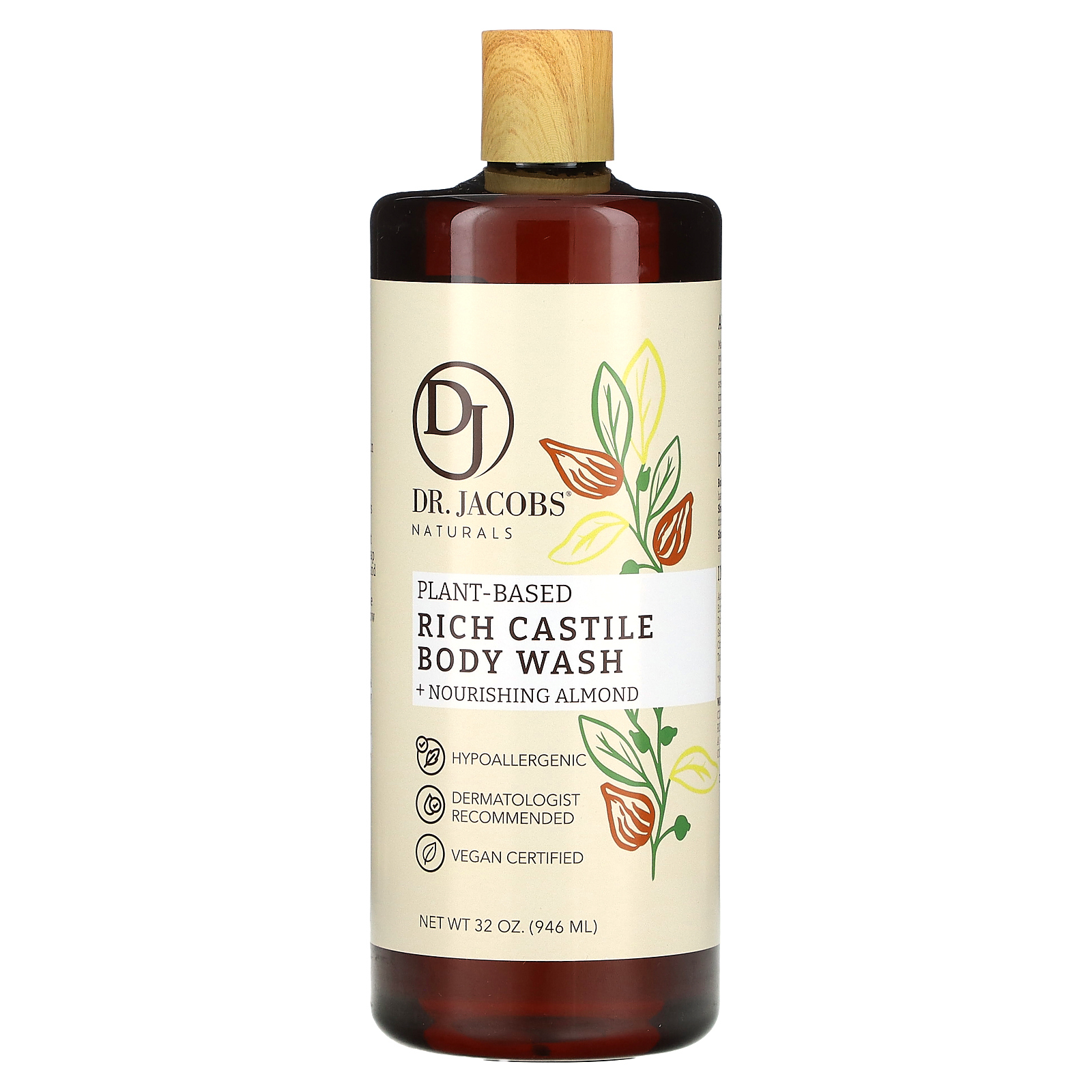 Dr. Jacobs Naturals, Гель для душа из кастильской кожи с питательным миндалем на растительной основе, 946 мл (32 унции)