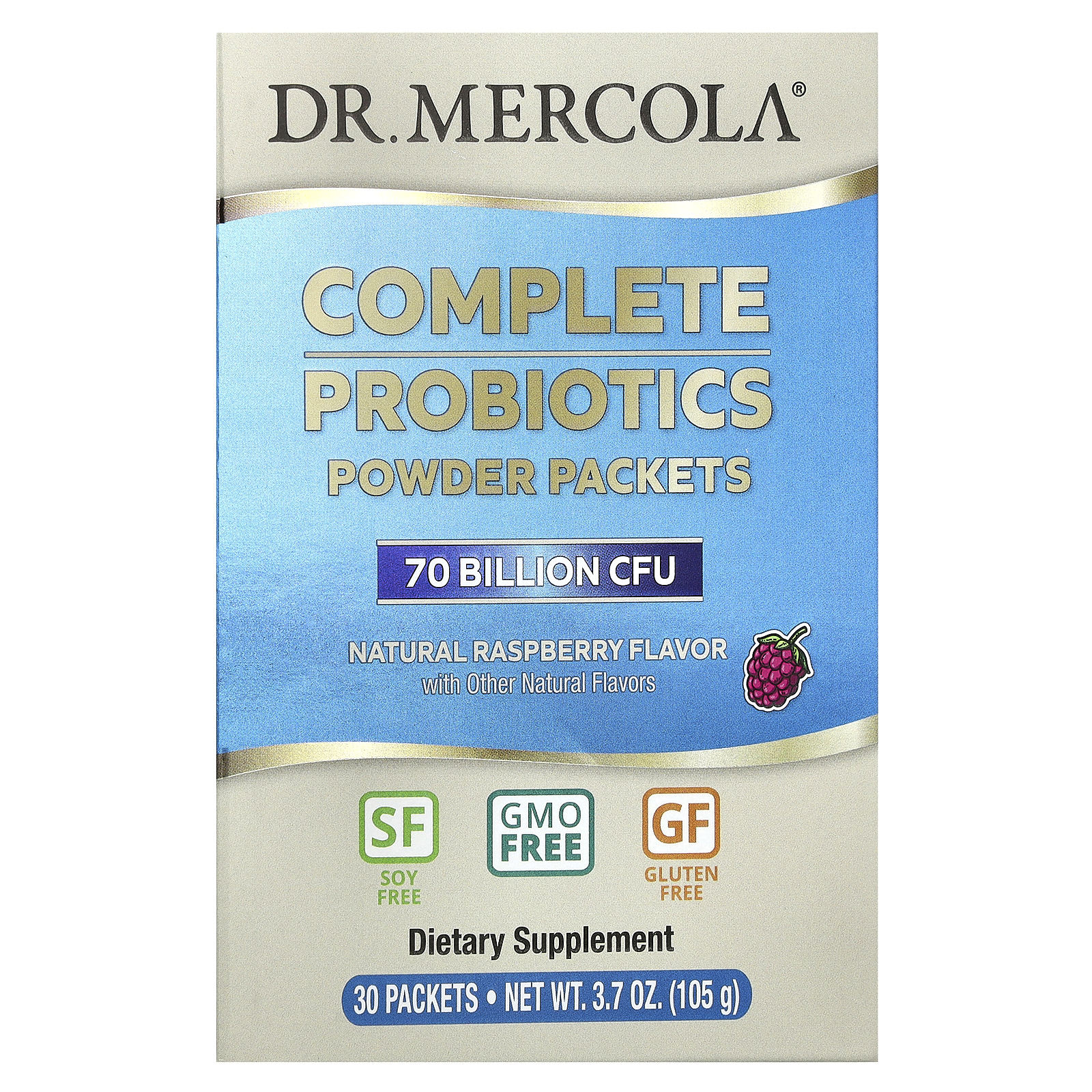 Dr. Mercola, комплекс пробиотиков в виде порошка в пакетиках, натуральный малиновый вкус, 70 млрд КОЕ, 30 пакетиков, по 3,5 г (0,12 унции) каждый