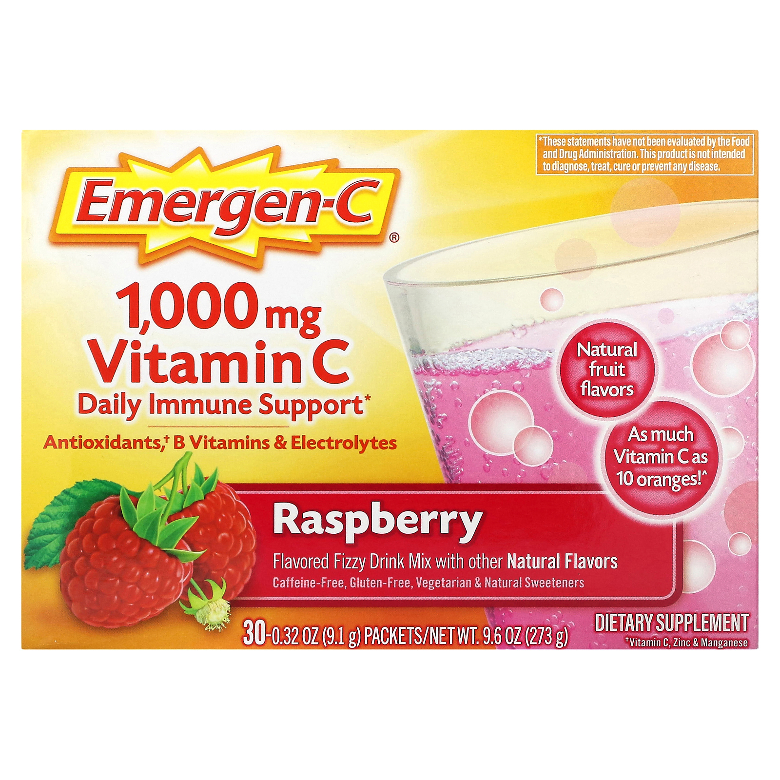 Emergen-C, Витамин C, смесь ароматизированных газированных напитков, малина, 1000 мг, 30 пакетиков по 9,1 г (0,32 унции)