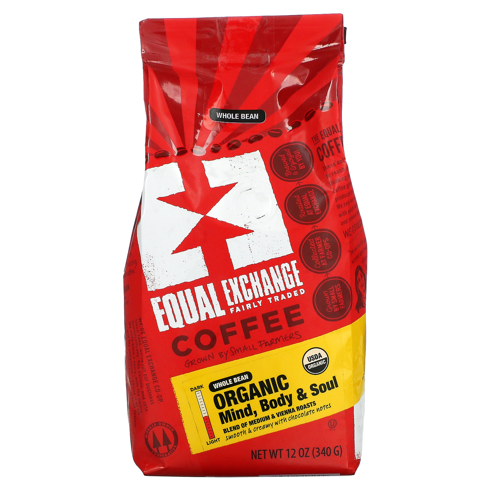 Equal Exchange, органический кофе, для ума, души и тела, цельные зерна, средняя обжарка, 340 г (12 унций)
