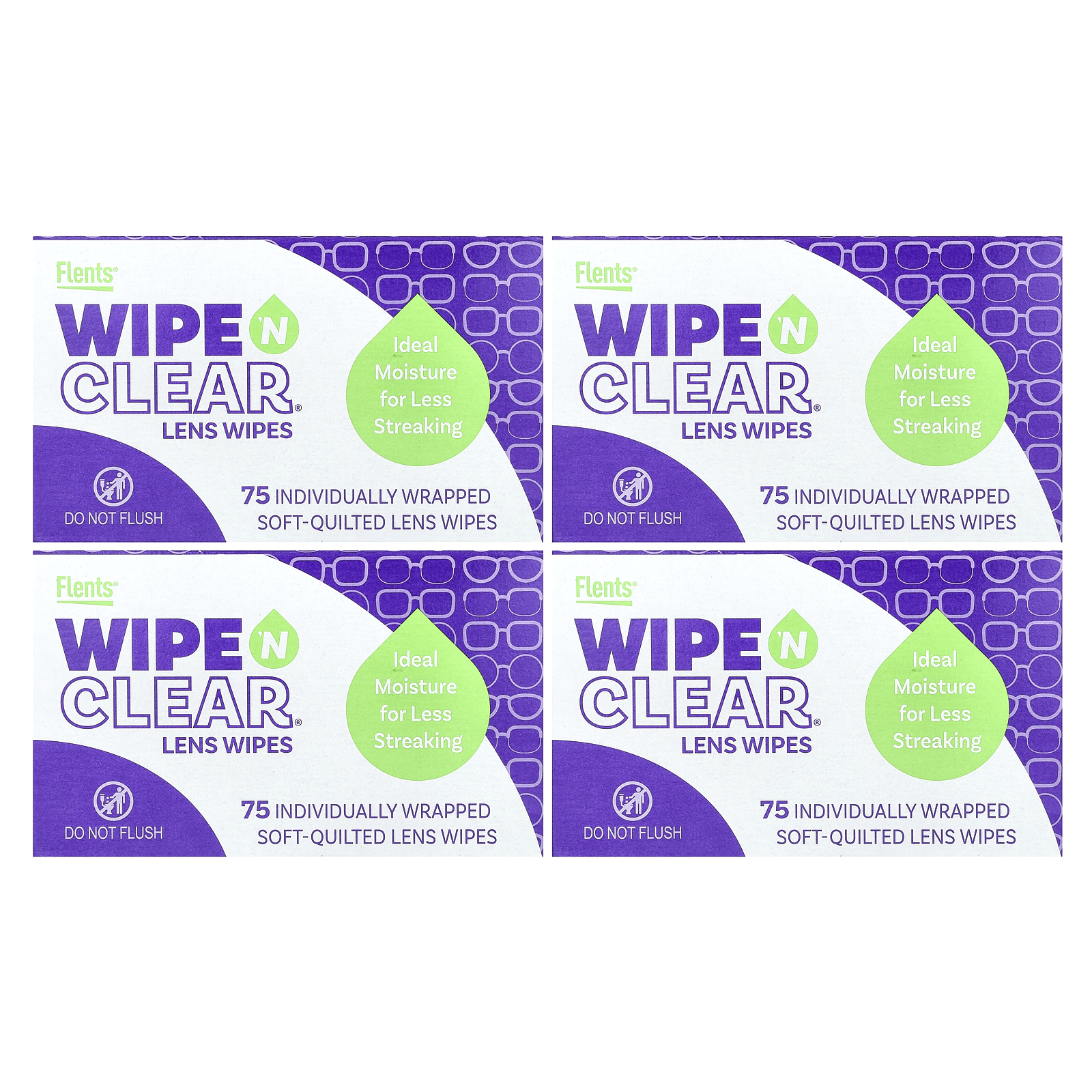 Flents, Wipe 'N Clear, салфетки для объектива, 4 упаковки, 75 индивидуально упакованных мягких салфеток для объектива