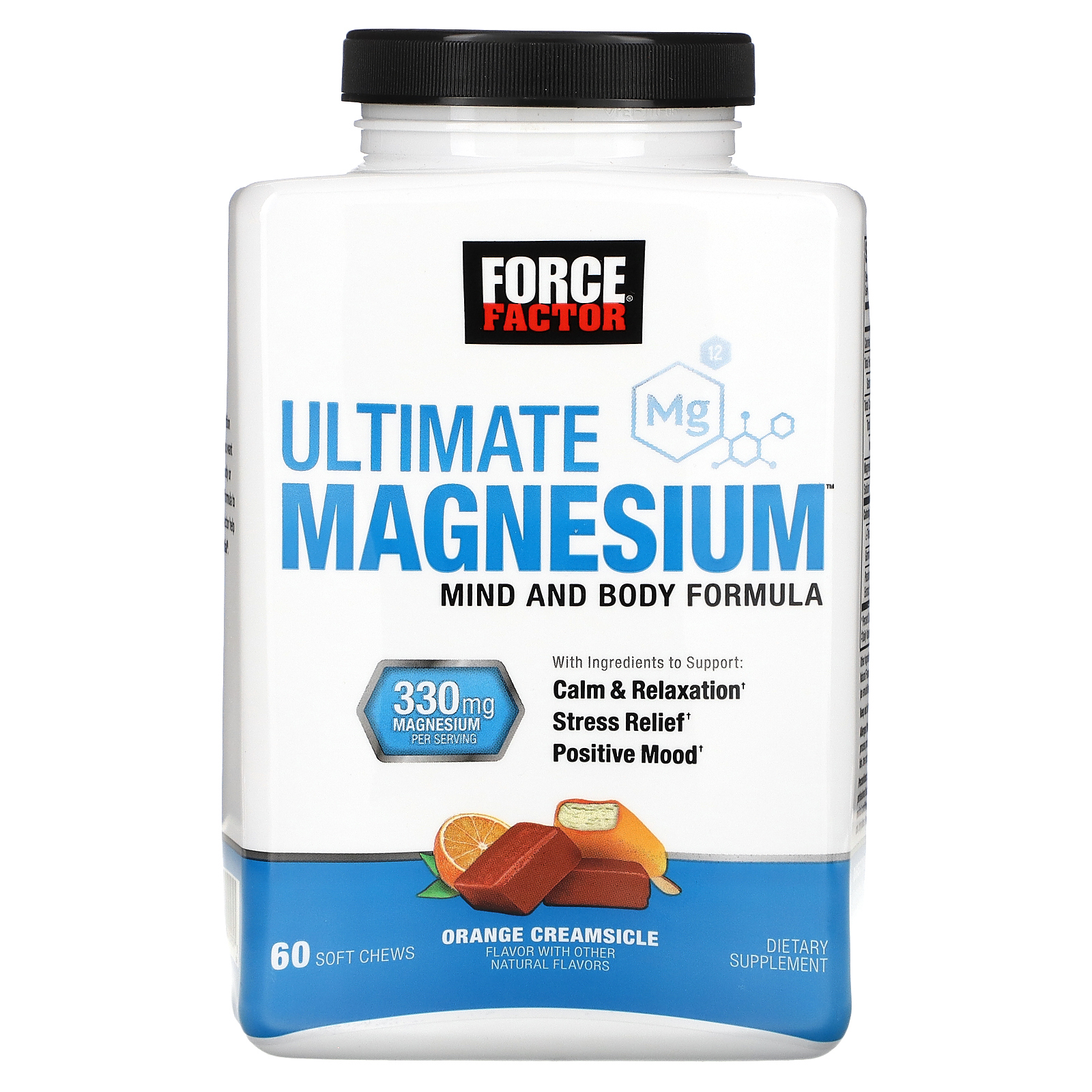 Force Factor, Ultimate магний, апельсиновый крем, 330 мг, 60 жевательных таблеток (165 мг в 1 жевательной таблетке)