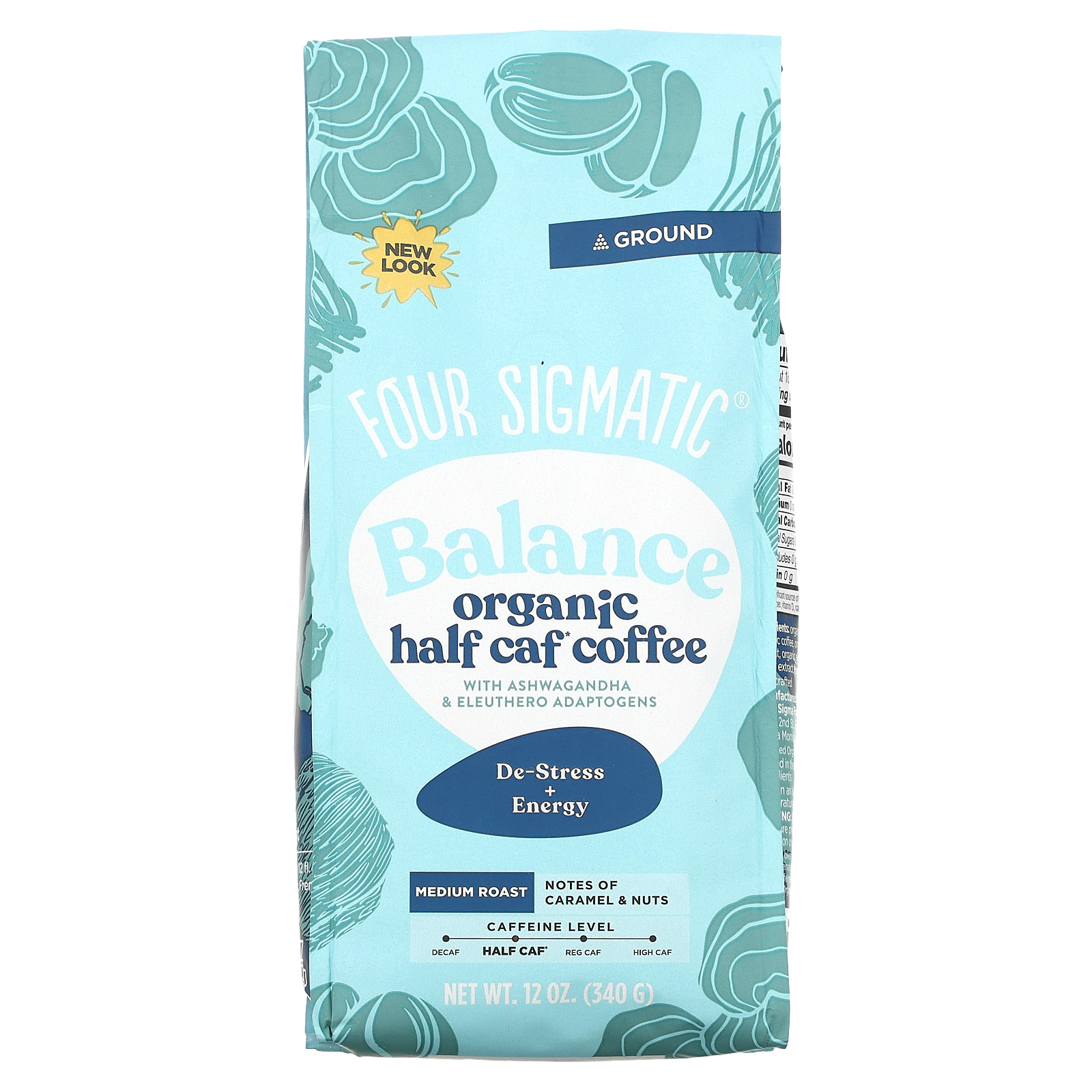 Four Sigmatic, сбалансированный органический полукофеиновый кофе, с адаптогенами ашвагандой и элеутерококком, молотый, средняя обжарка, 340 г (12 унций)