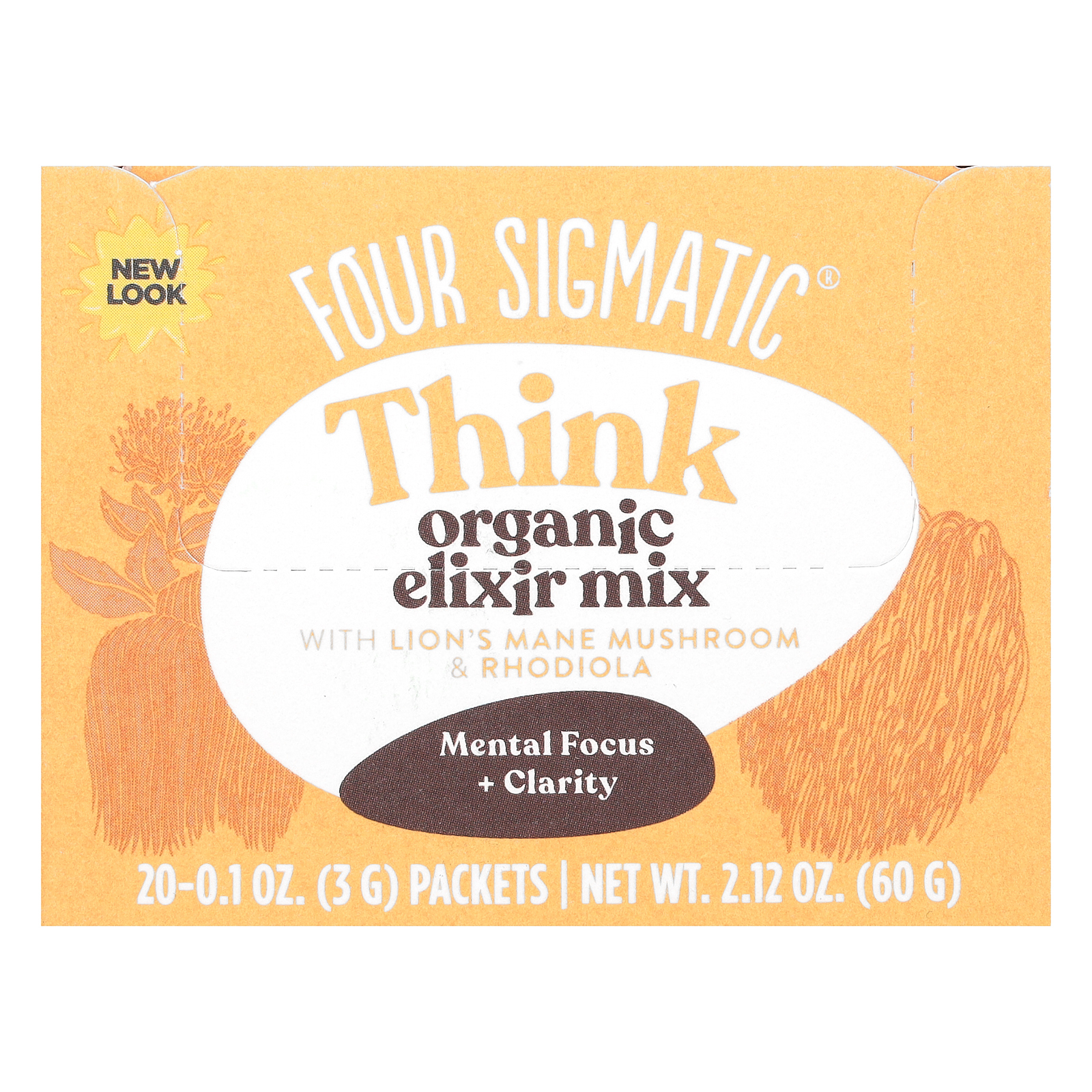 Four Sigmatic, Think, органическая смесь эликсира с грибом ежовиком гребенчатым и родиолой, без кофеина, 20 пакетиков по 3 г (0,1 унции)