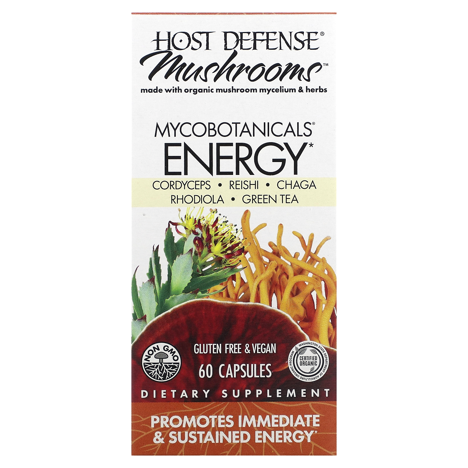 Fungi Perfecti, Host Defense Mushroom, MycoBotanicals, энергия, 60 капсул