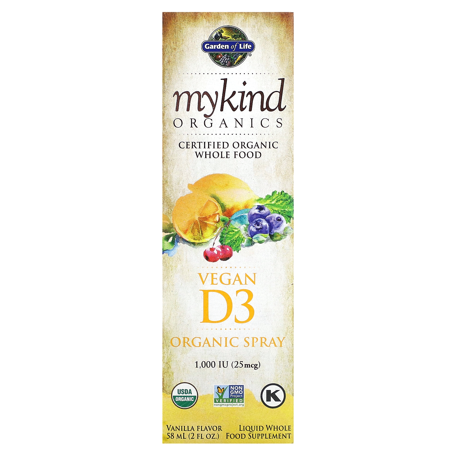 Garden of Life, MyKind Organics, веганский спрей с витамином D3, ваниль, 25 мкг (1000 МЕ), 58 мл (2 жидк. Унции)