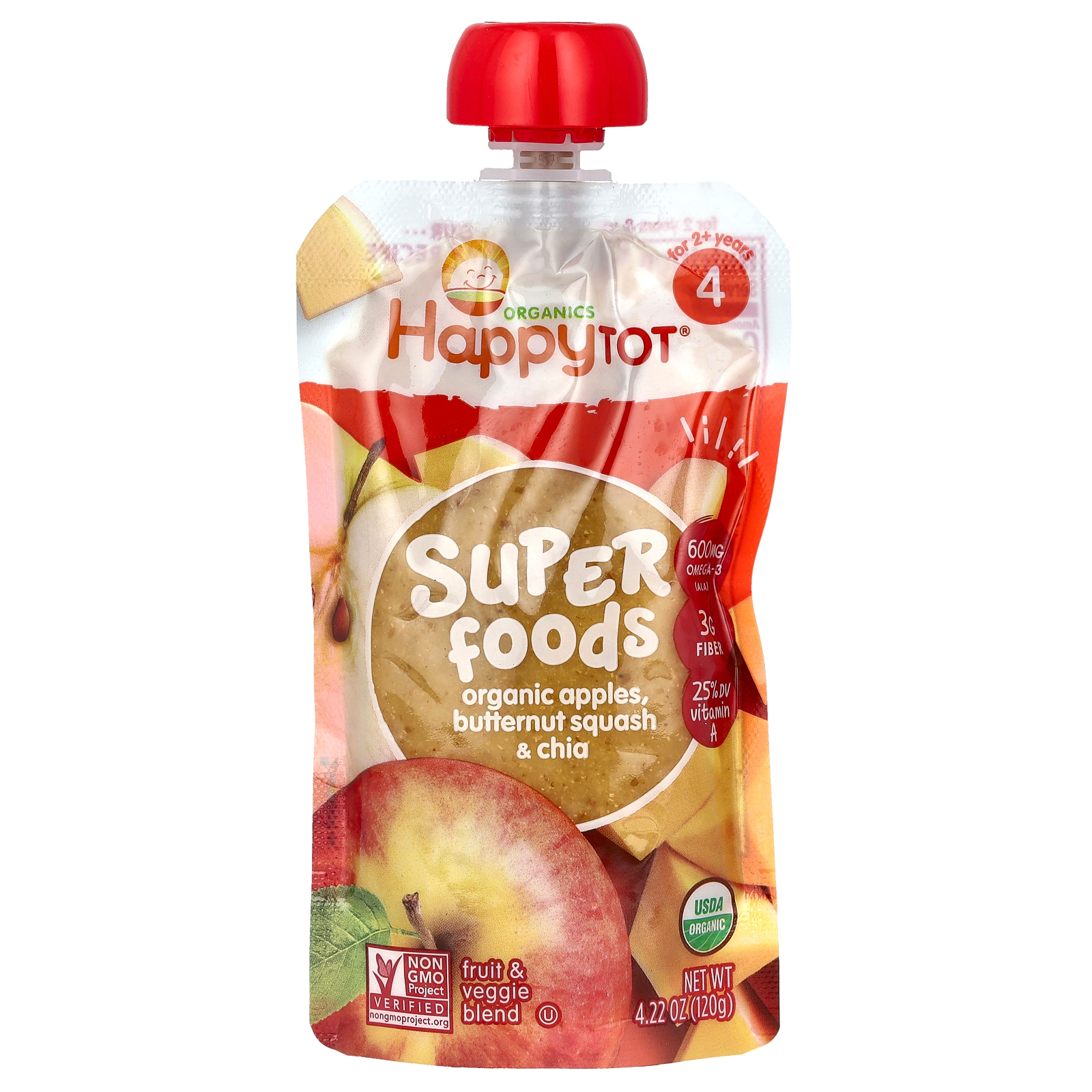 Happy Family Organics, Happy Tot, суперфуды, этап 4, органические яблоки, мускатная тыква и супер чиа, 120 г (4,22 унции)