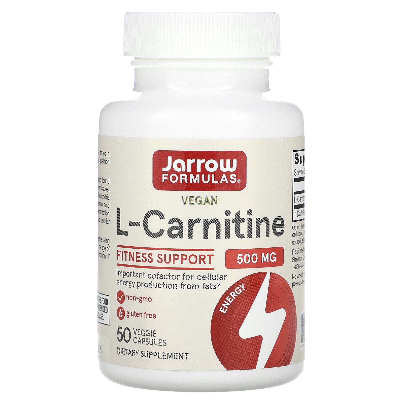 Jarrow Formulas, L-карнитин 500, 500 мг, 50 вегетарианских капсул