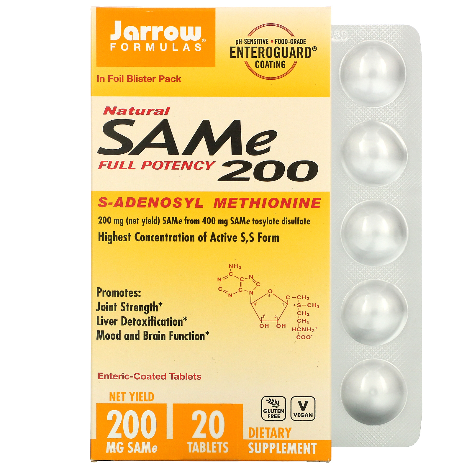 Jarrow Formulas, SAMe (дисульфат тозилат), 200 мг, 20 таблеток, покрытых кишечнорастворимой оболочкой