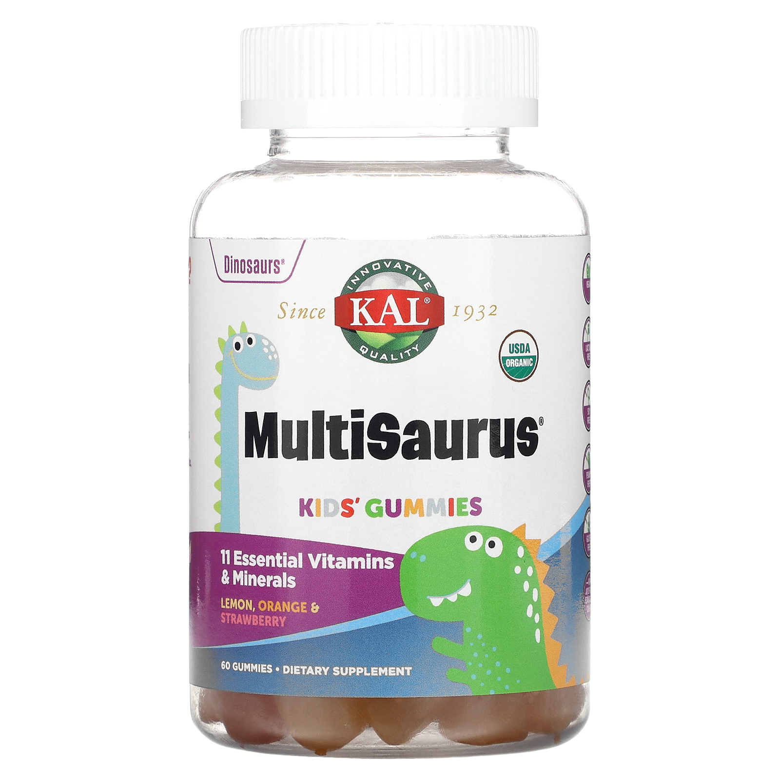 KAL, Kids Multisaurus, жевательные мармеладки, лимон, апельсин и клубника, 60 жевательных таблеток