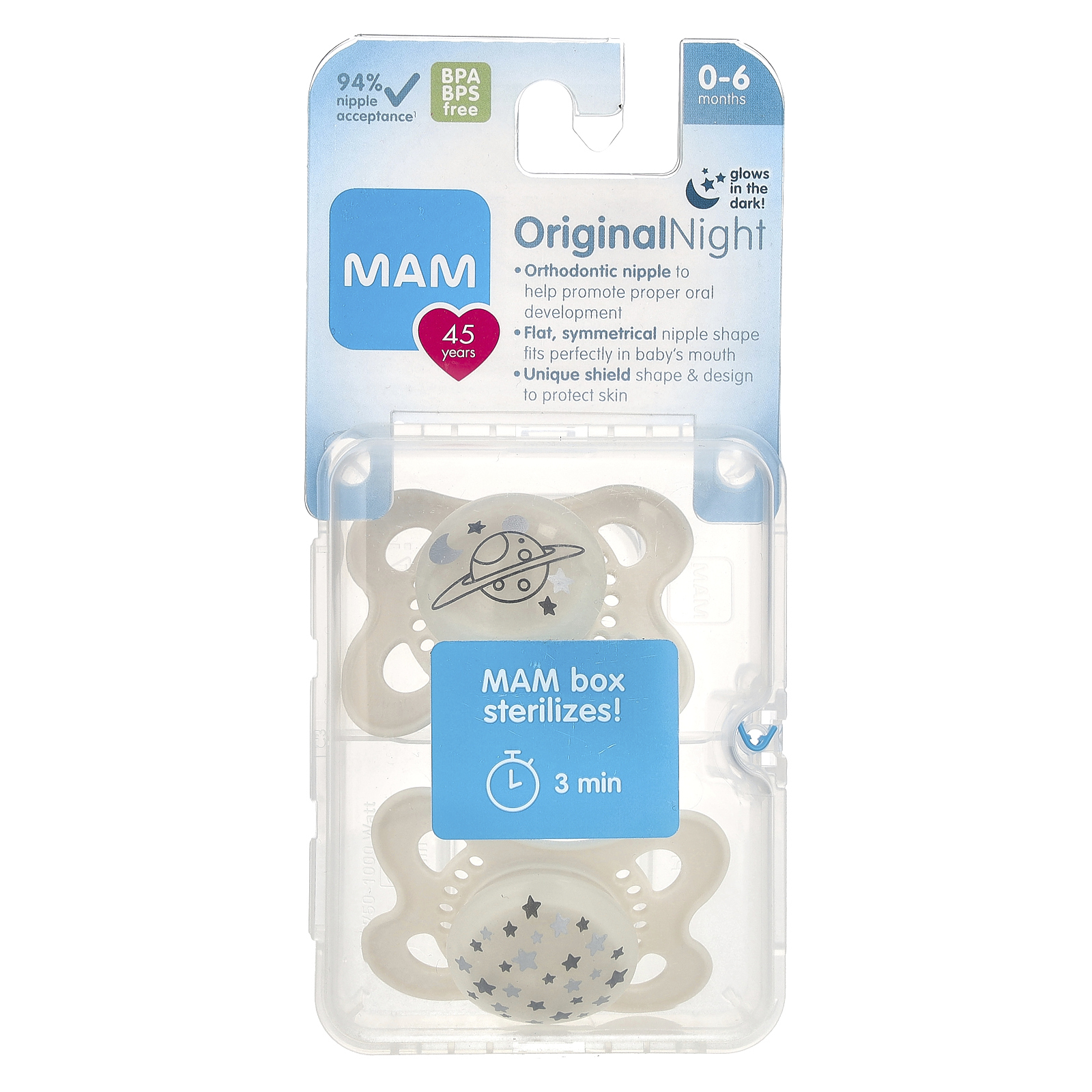 MAM, Original Night, пустышка, для детей 0–6 месяцев, 2 шт.