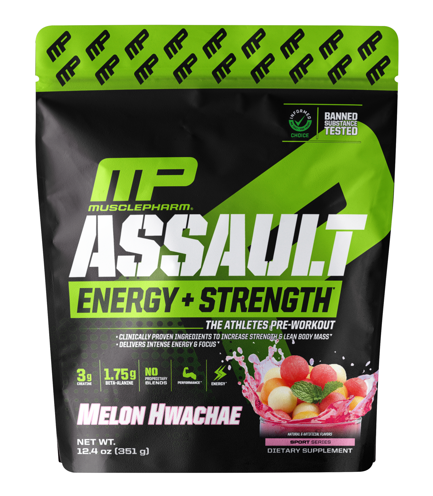 MusclePharm, Assault Energy + Strength, предтренировочный комплекс, хвача с дыней, 351 г (12,4 унции)
