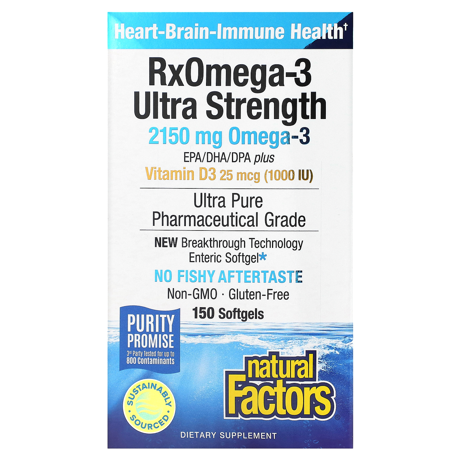 Natural Factors, RxOmega-3, омега-3 повышенной силы действия с витамином D3, 2150 мг, 150 капсул (1075 мг в 1 капсуле)