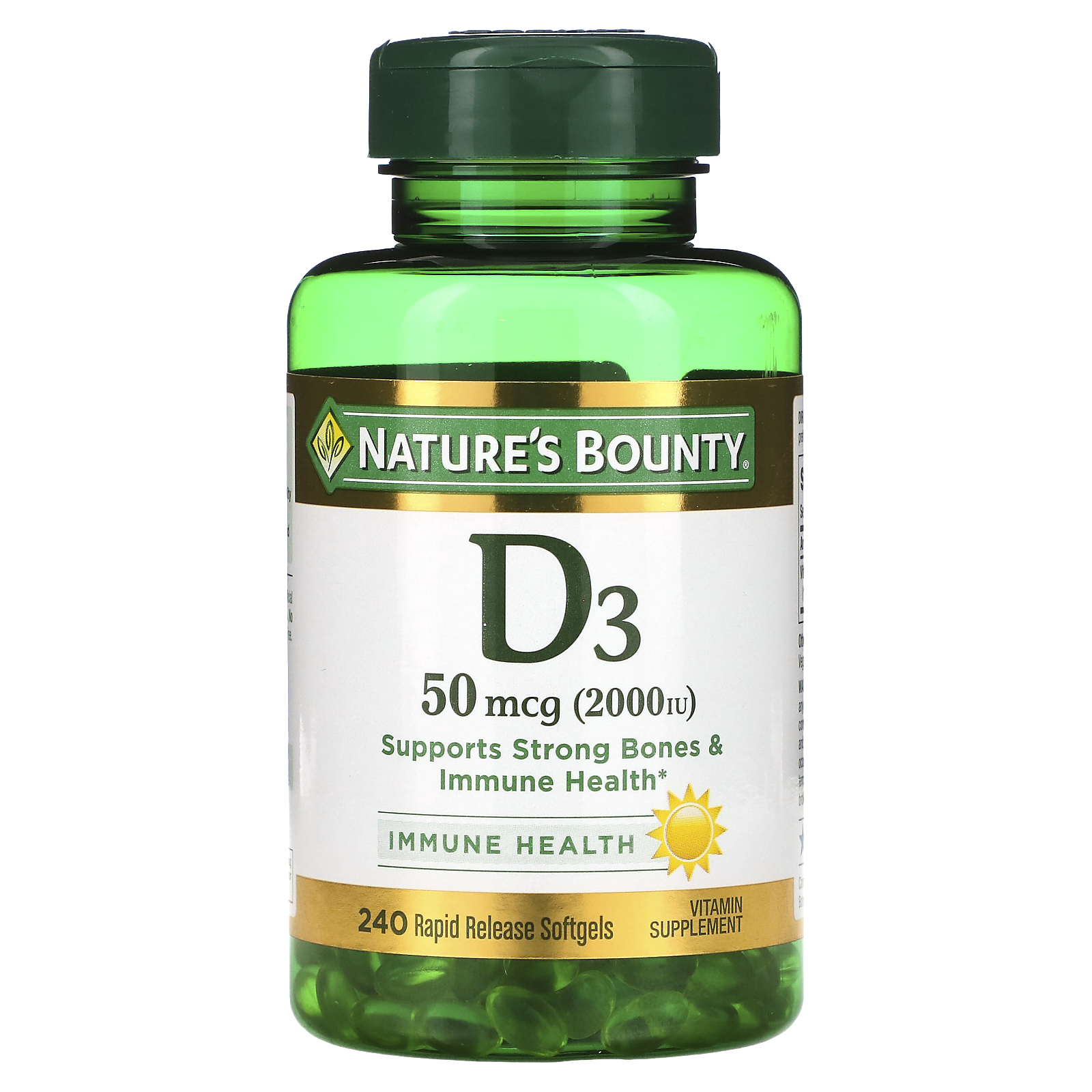 Nature's Bounty, витамин D3, здоровье иммунной системы, 50 мкг (2000 МЕ), 240 капсул быстрого высвобождения