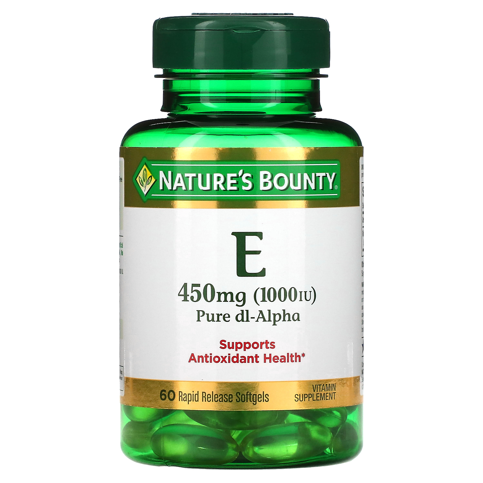 Nature's Bounty, витамин E, чистый Dl-альфа, 450 мг (1000 МЕ), 60 капсул с быстрым высвобождением
