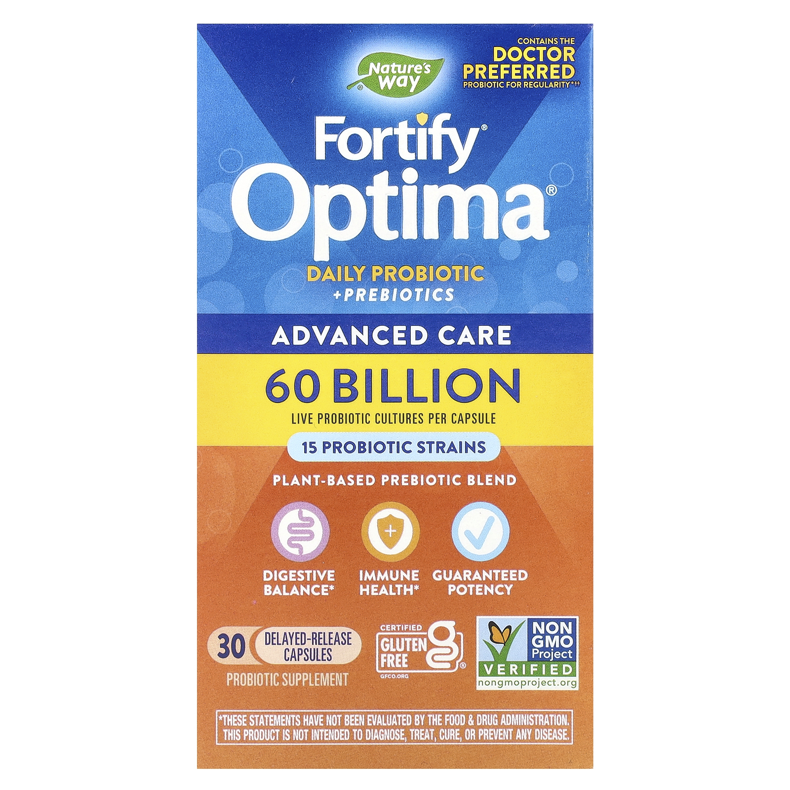 Nature's Way, Fortify Optima, пробиотики и пребиотики для ежедневного приема, улучшенный уход, 60 млрд, 30 капсул с отсроченным высвобождением