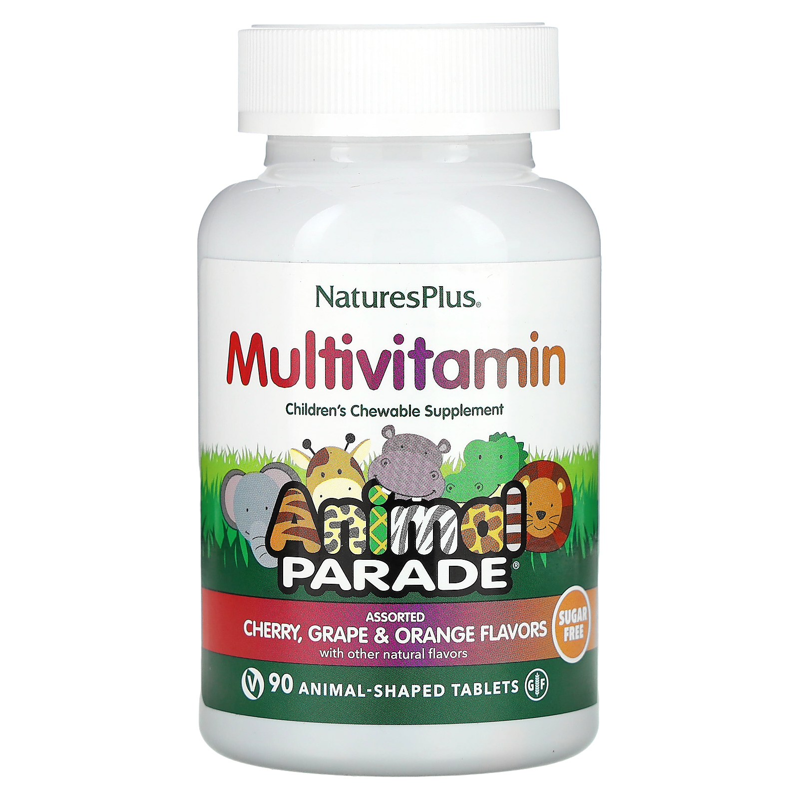 NaturesPlus, Animal Parade, мультивитамины, жевательная добавка для детей, со вкусом вишни, винограда и апельсина, 90 таблеток в форме животных
