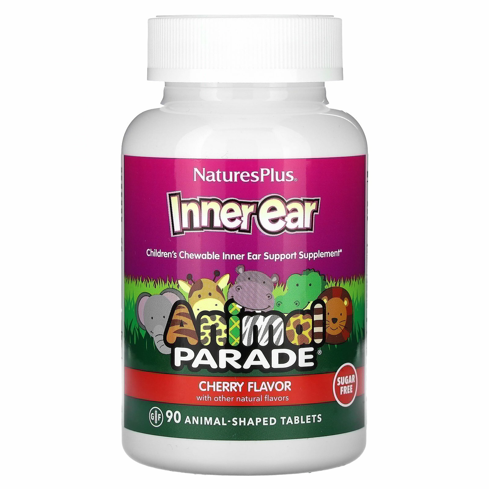 NaturesPlus, Animal Parade, жевательная добавка для поддержки здоровья внутреннего уха, для детей, с вишневым вкусом, 90 таблеток в форме животных