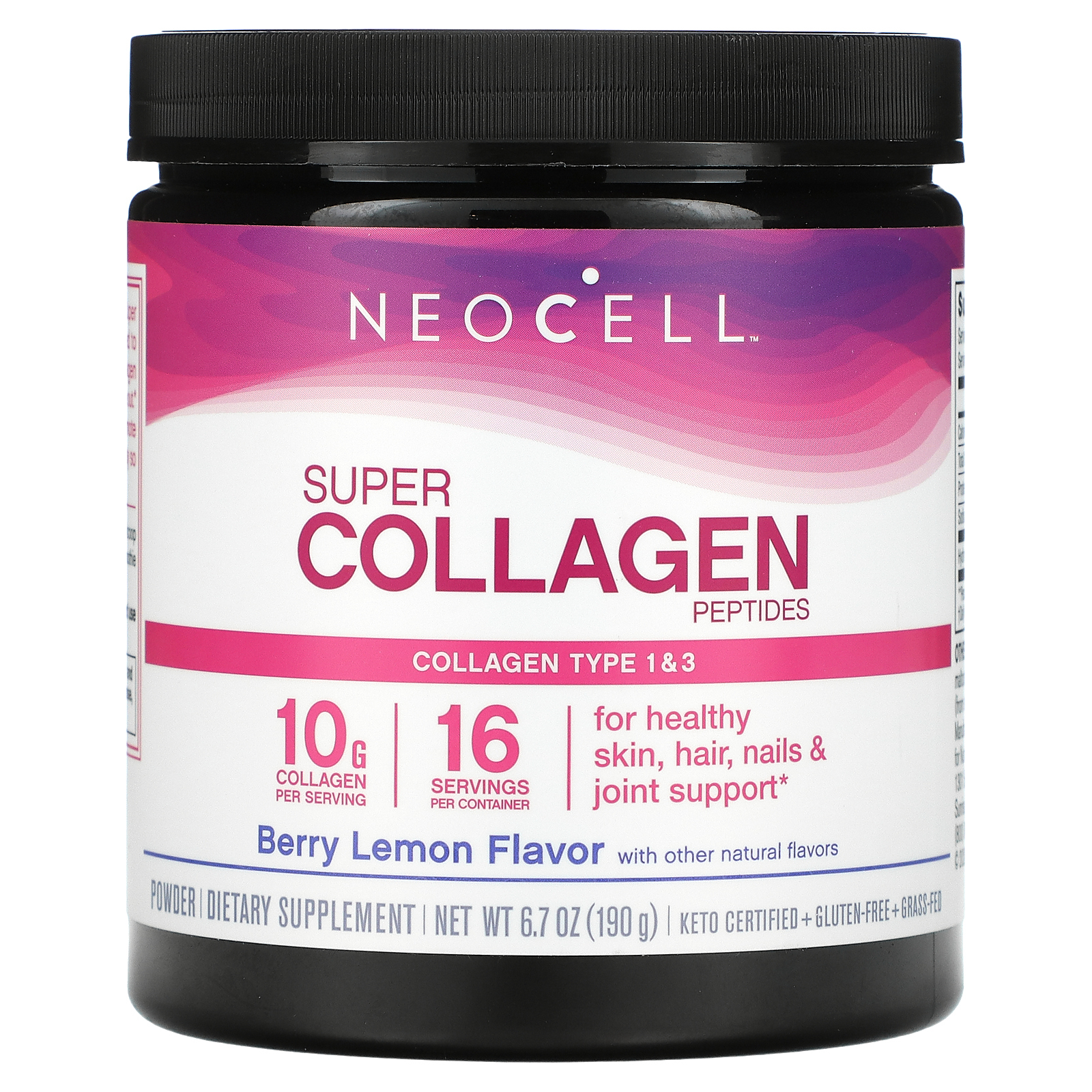 NeoCell, суперколлагеновые пептиды, тип 1 и 3, ягоды и лимон, 190 г (6,7 унции)