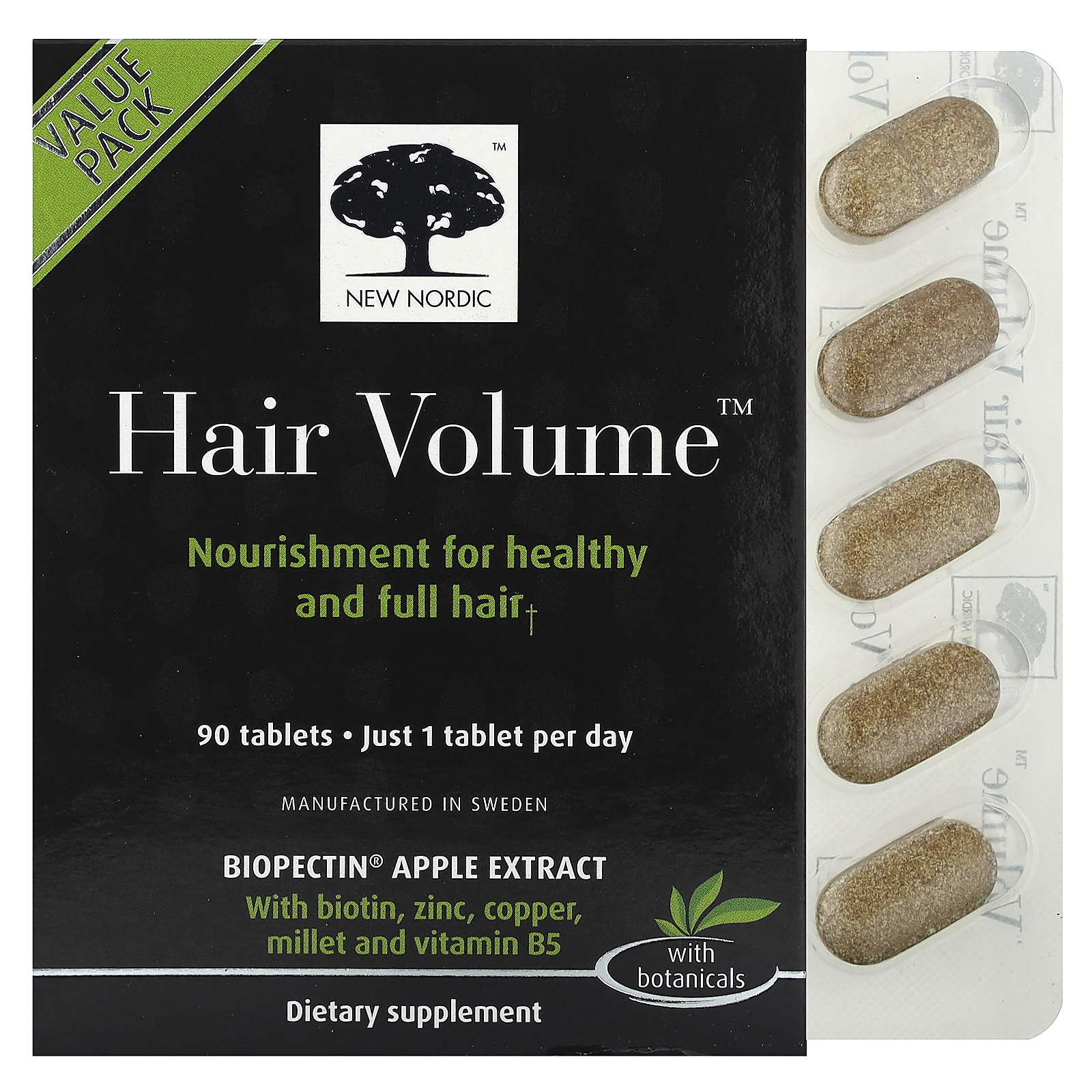 New Nordic, Hair Volume, средство для роста и объема волос, с экстрактом биопектина яблока, 90 таблеток
