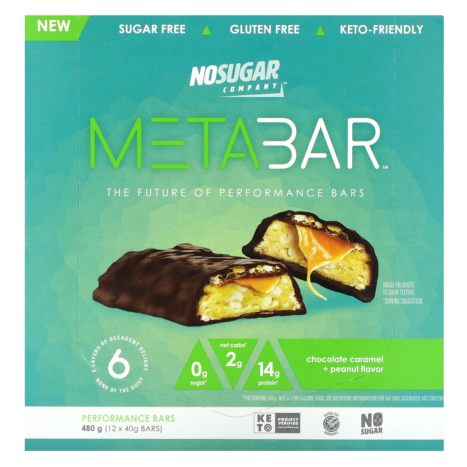 No Sugar Company, MetaBar, шоколад, карамель и арахис, 12 батончиков по 40 г (1,41 унции)