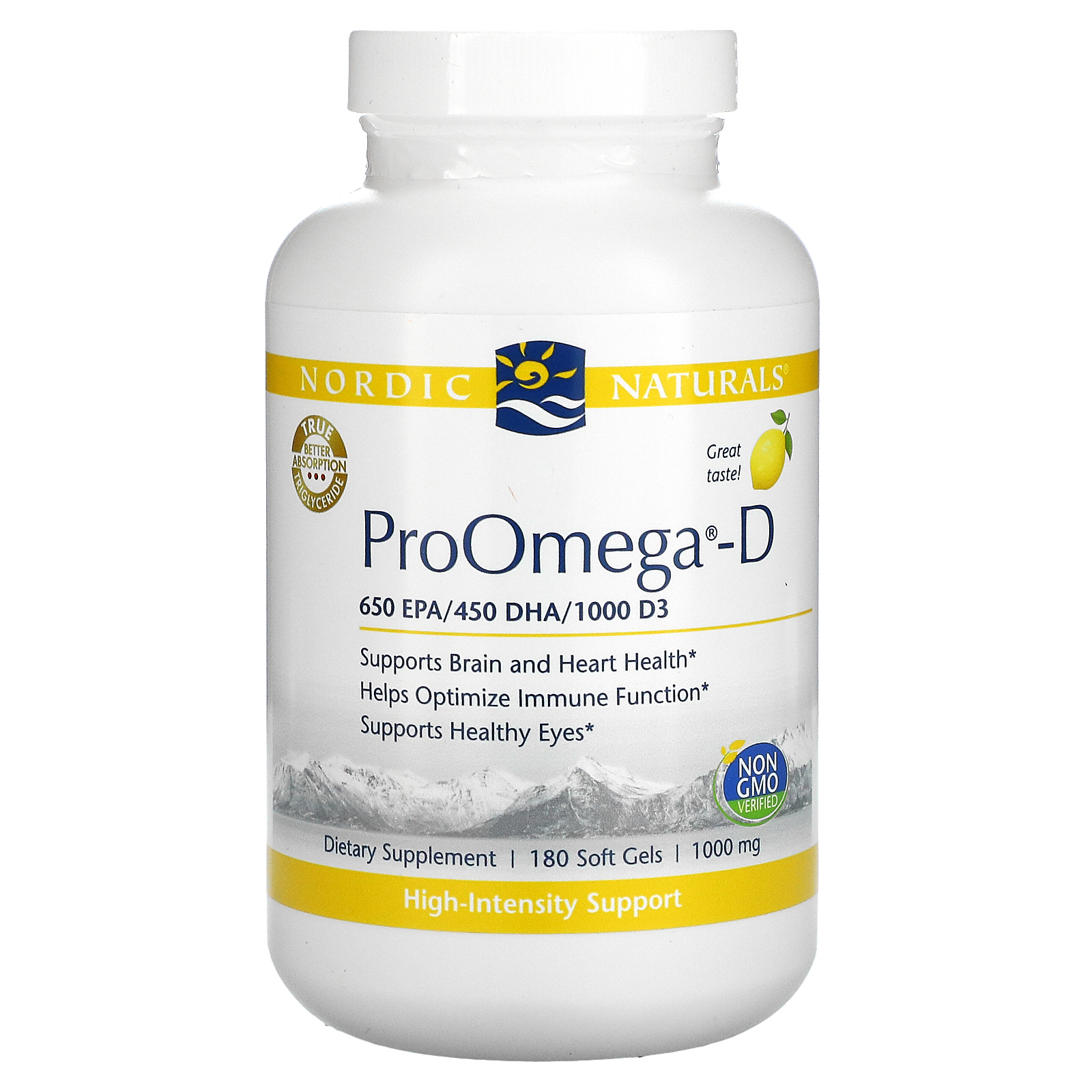 Nordic Naturals, ProOmega-D, со вкусом лимона, 1000 мг, 180 капсул (500 мг в 1 капсуле)